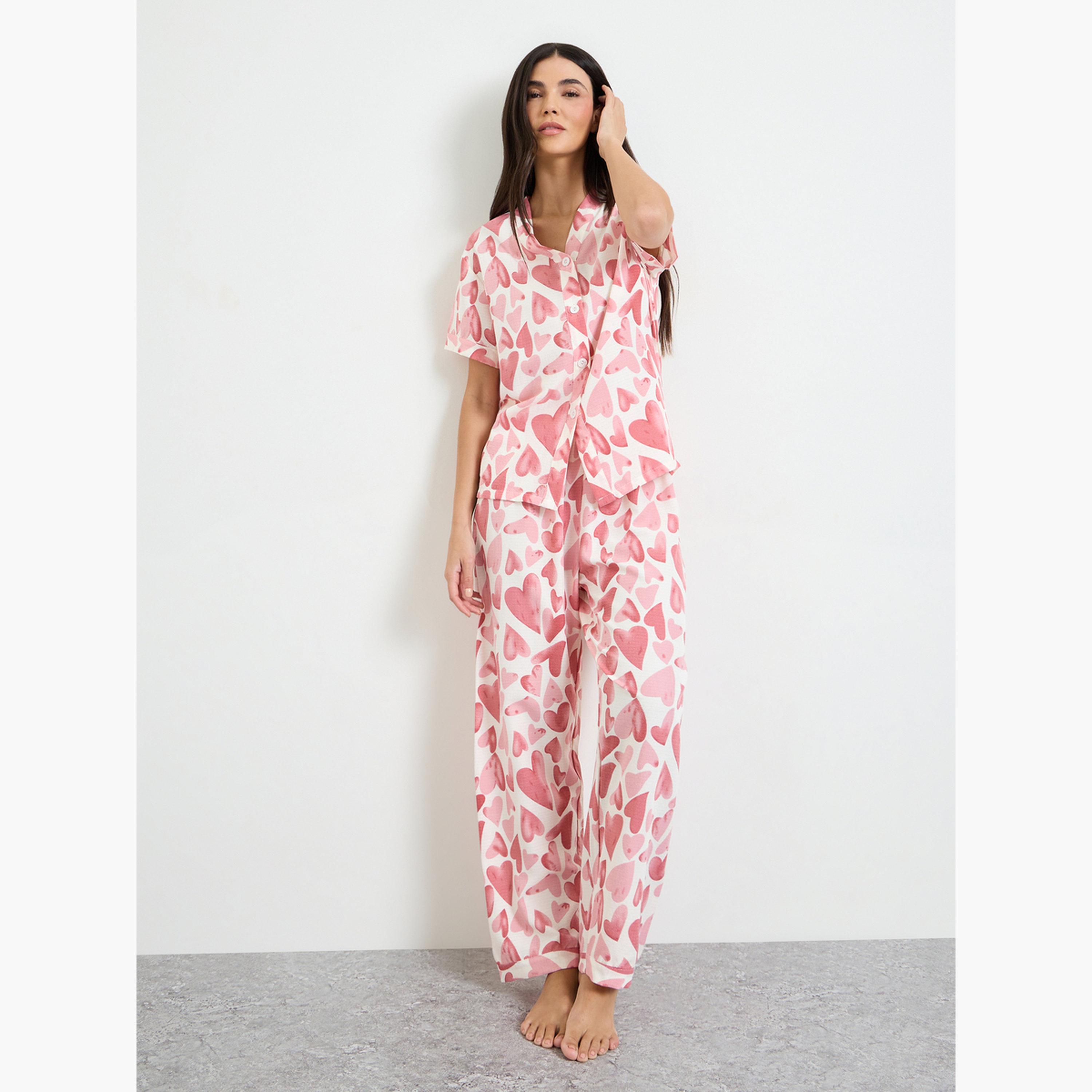 Styli Pink Heart Print Shirt and Pyjama Set-women-clothing-nightwear-pyjamas-longsets-image-1