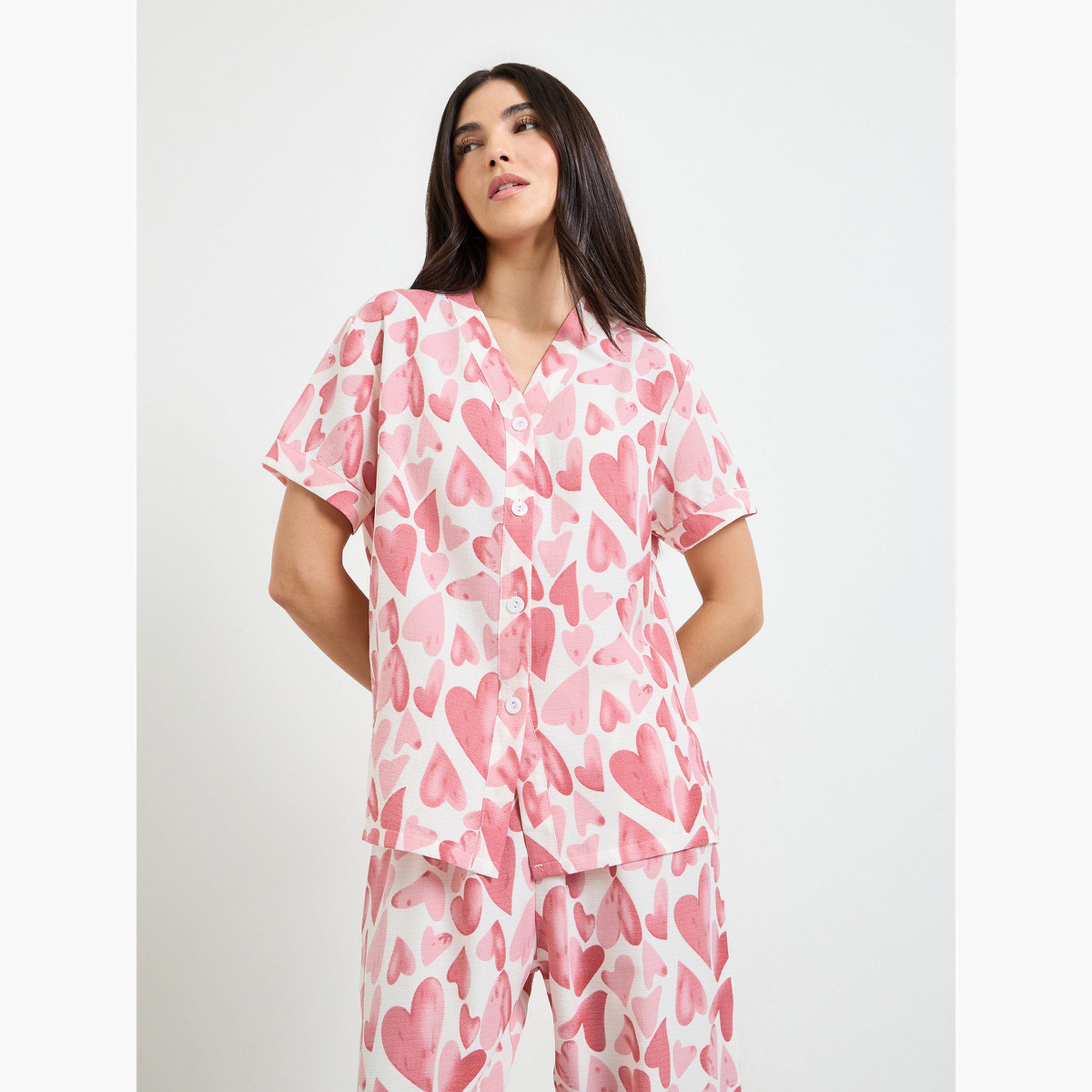 Styli Pink Heart Print Shirt and Pyjama Set-women-clothing-nightwear-pyjamas-longsets-image-2