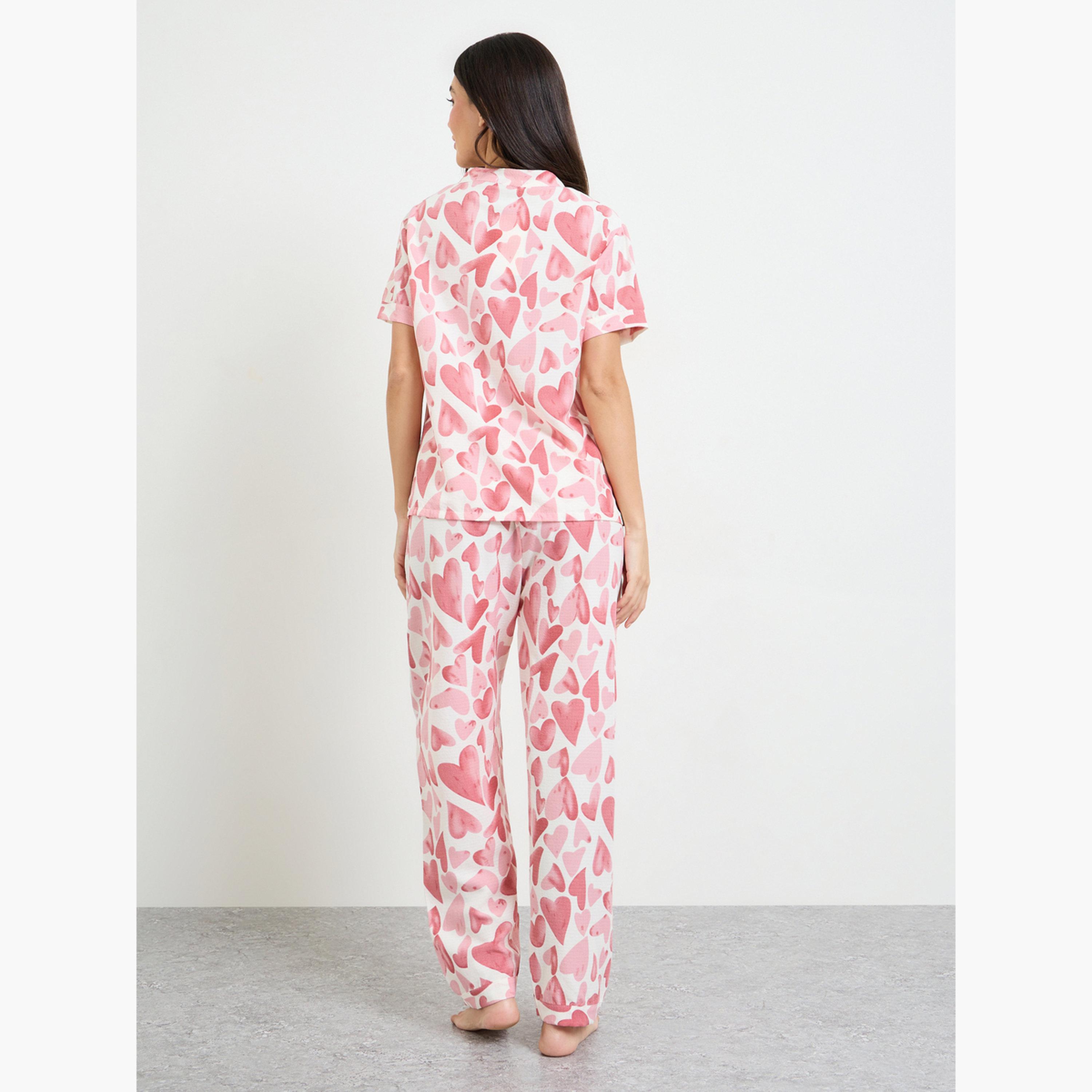 Styli Pink Heart Print Shirt and Pyjama Set-women-clothing-nightwear-pyjamas-longsets-image-3