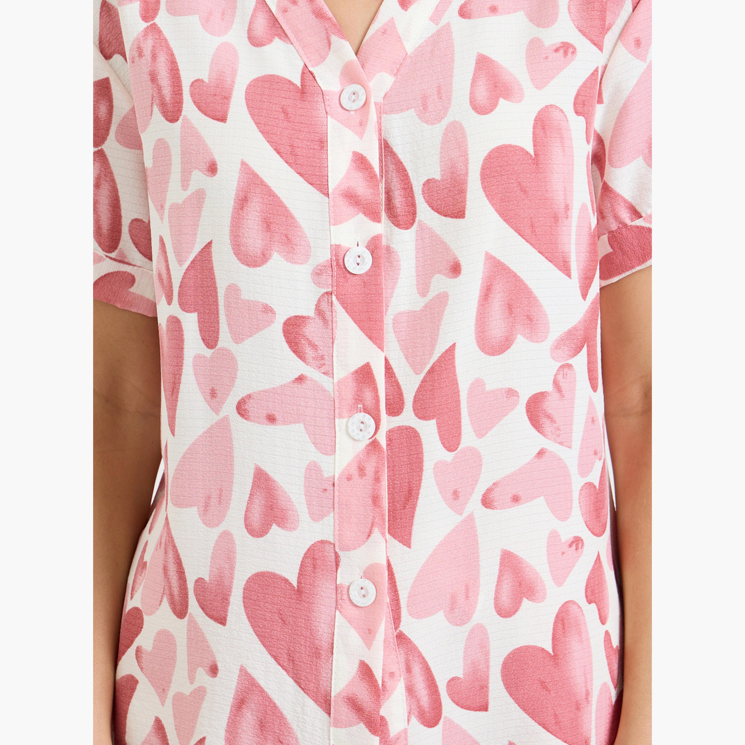 Styli Pink Heart Print Shirt and Pyjama Set-women-clothing-nightwear-pyjamas-longsets-image-5