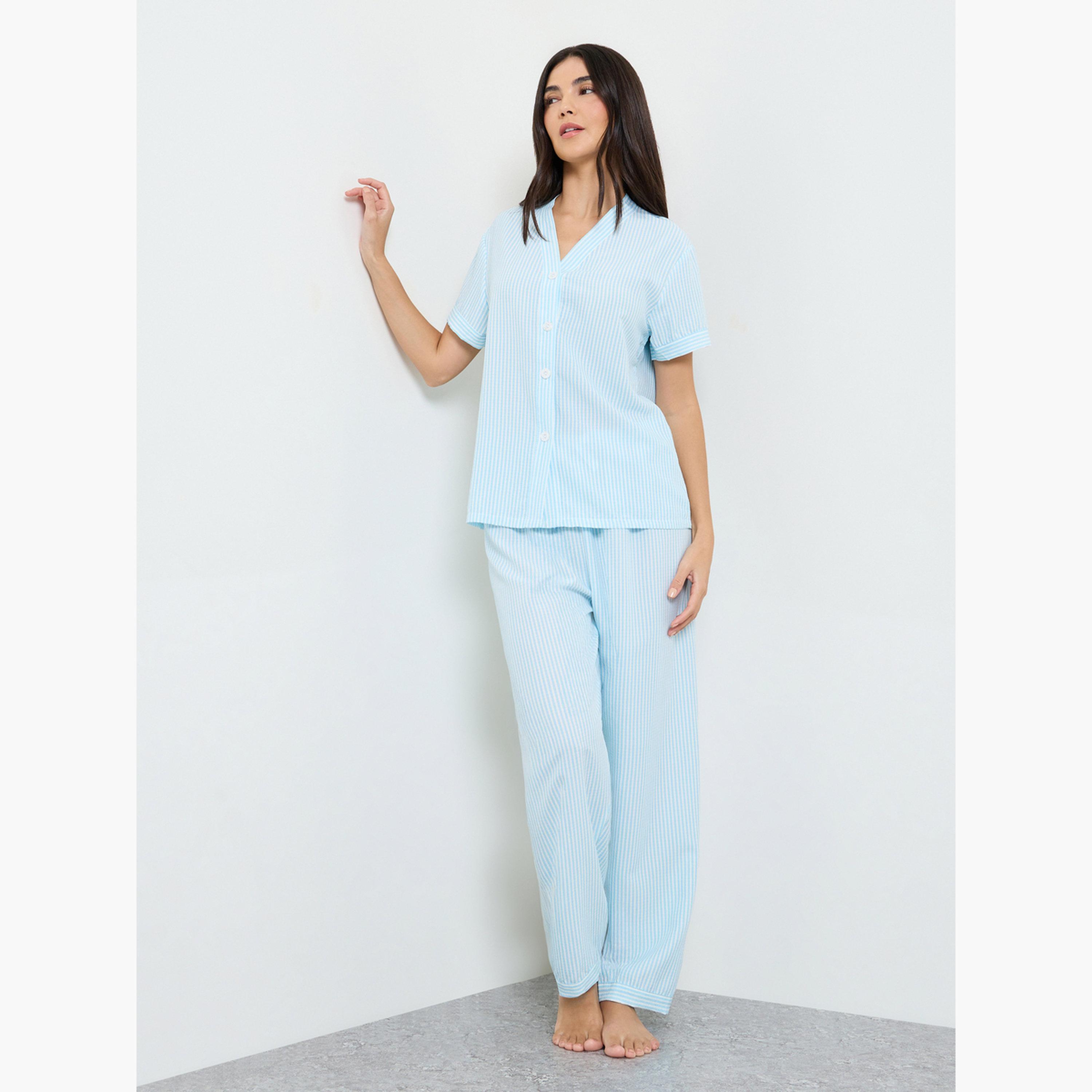 ستايلي - طقم قميص وبنطال بيجاما مخطط باللون الأزرق-women-clothing-nightwear-pyjamas-longsets-image-1