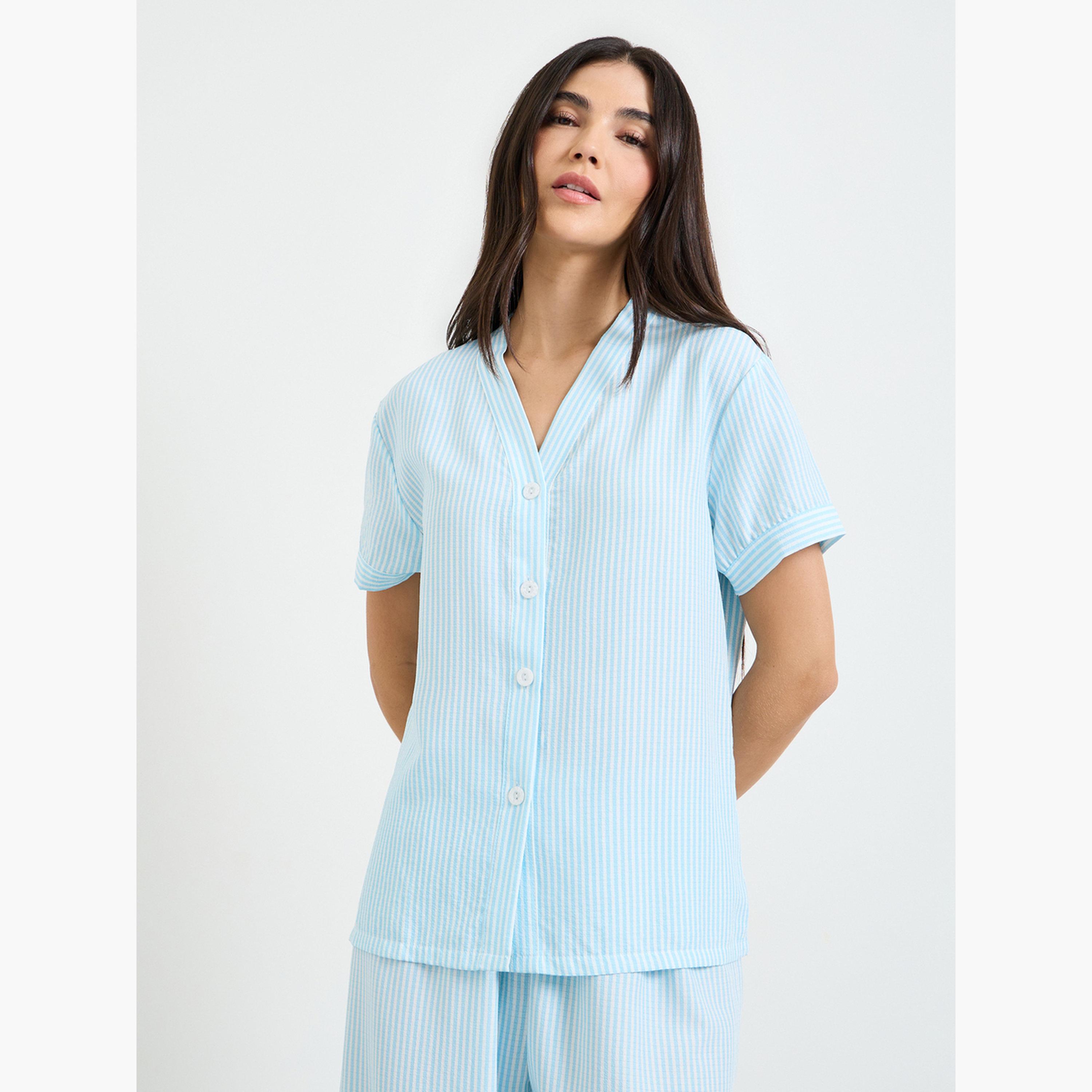 ستايلي - طقم قميص وبنطال بيجاما مخطط باللون الأزرق-women-clothing-nightwear-pyjamas-longsets-image-2