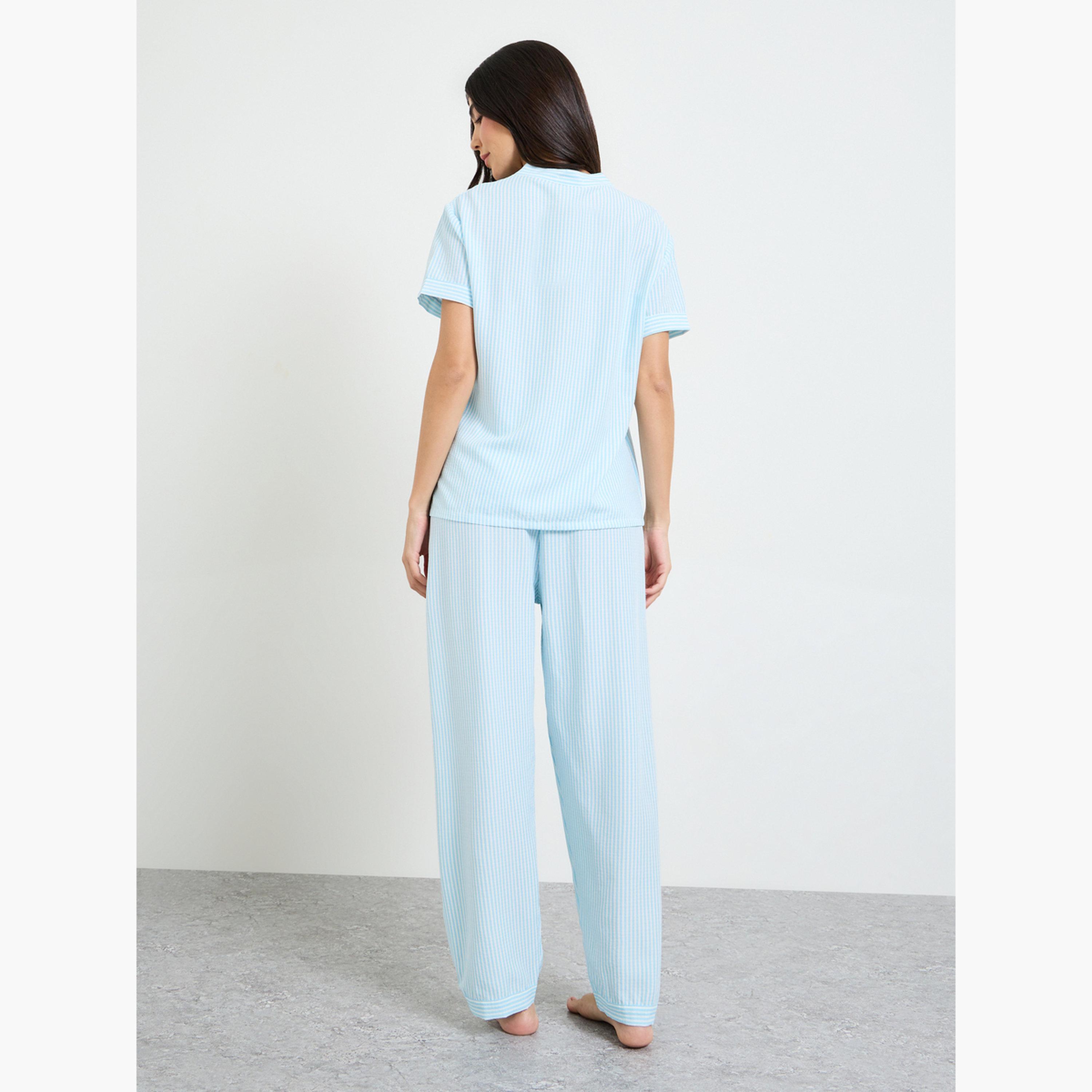 ستايلي - طقم قميص وبنطال بيجاما مخطط باللون الأزرق-women-clothing-nightwear-pyjamas-longsets-image-3