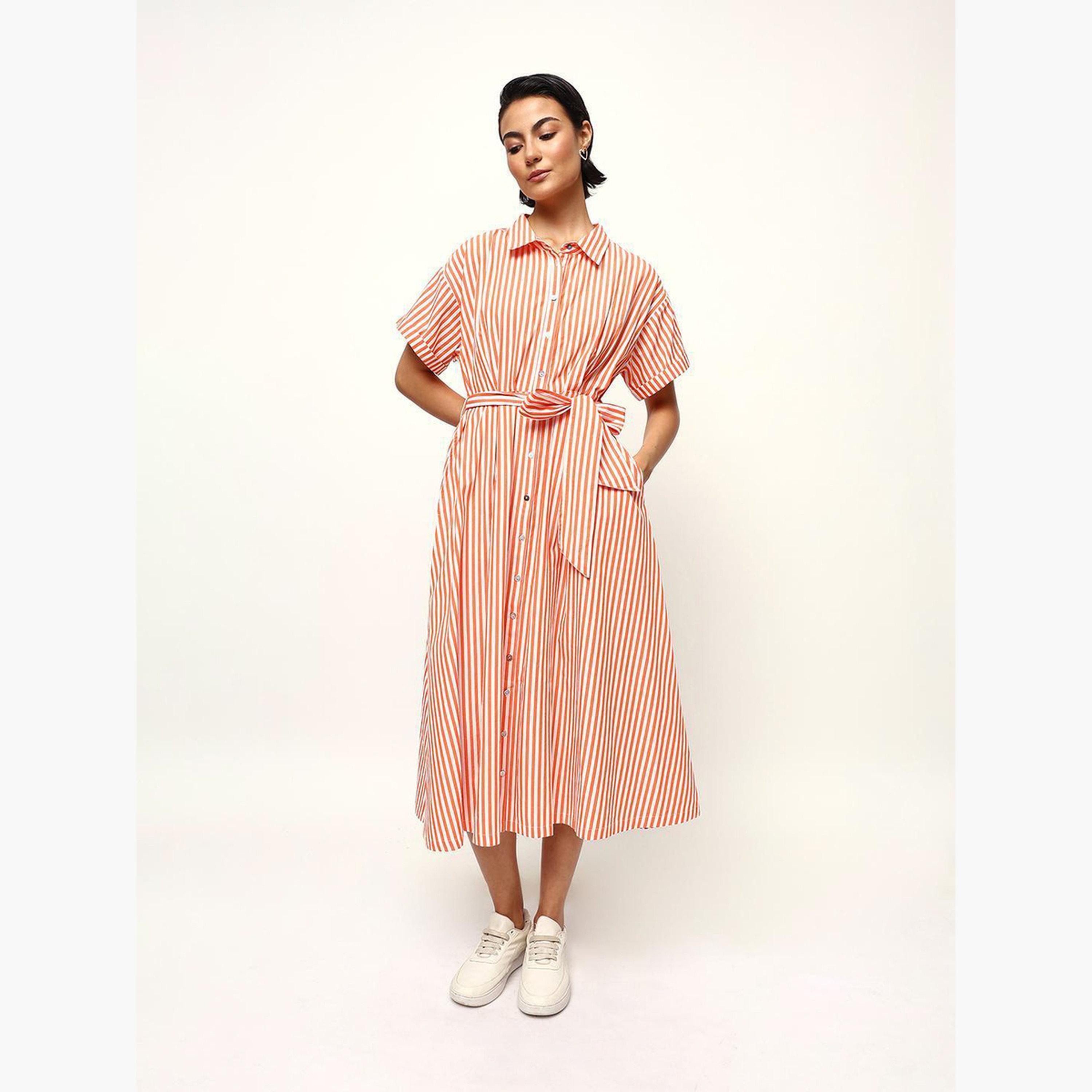 High Star X Styli Orange Striped Midi Dress with Tie-Belt-women-clothing-dresses-image-1