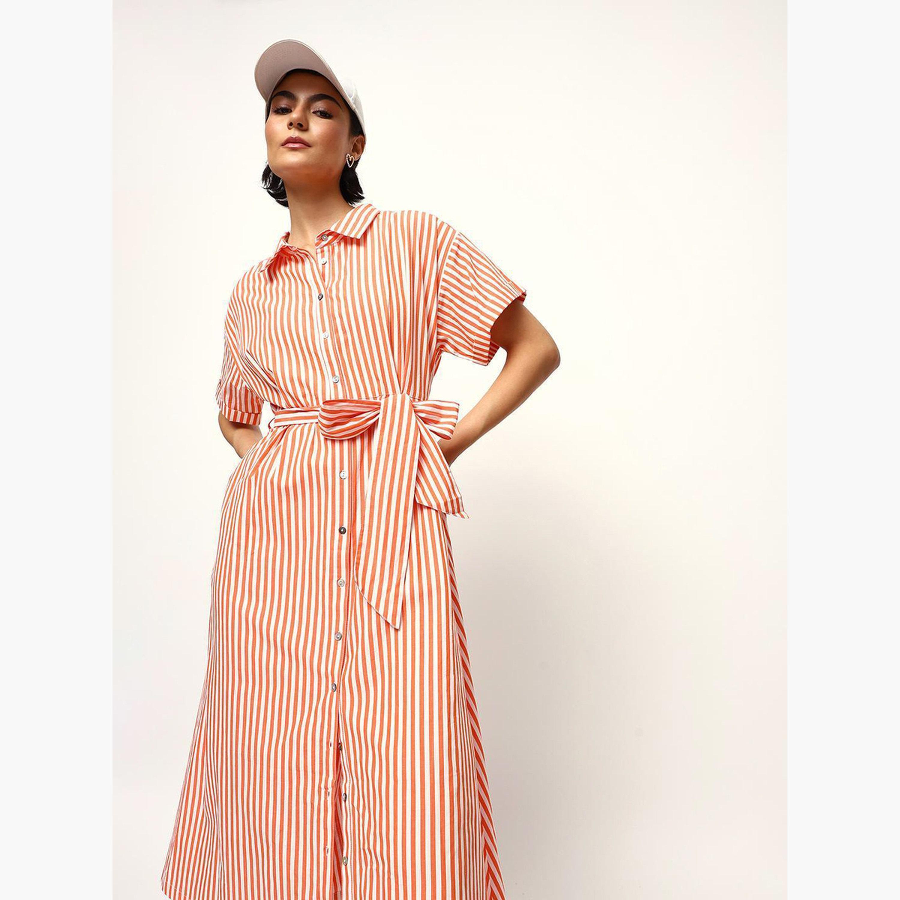 High Star X Styli Orange Striped Midi Dress with Tie-Belt-women-clothing-dresses-image-2