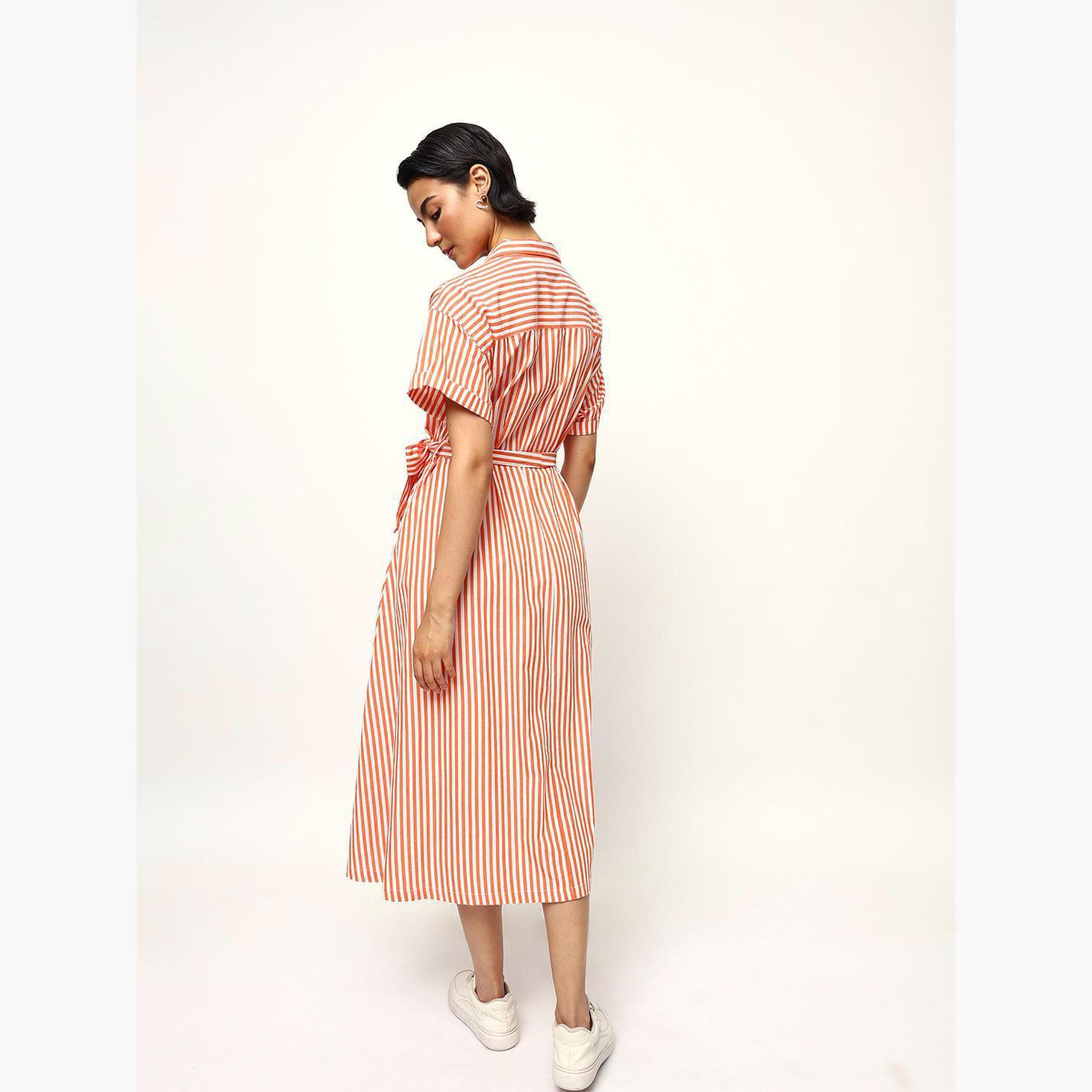 High Star X Styli Orange Striped Midi Dress with Tie-Belt-women-clothing-dresses-image-3