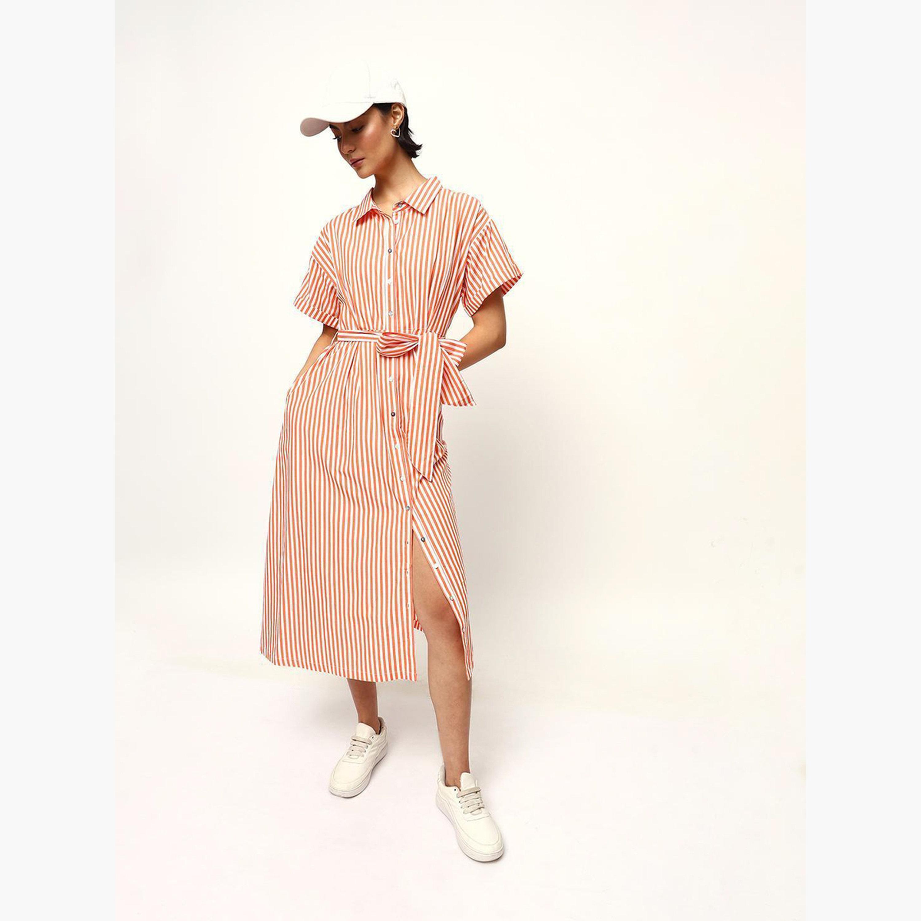 High Star X Styli Orange Striped Midi Dress with Tie-Belt-women-clothing-dresses-image-4