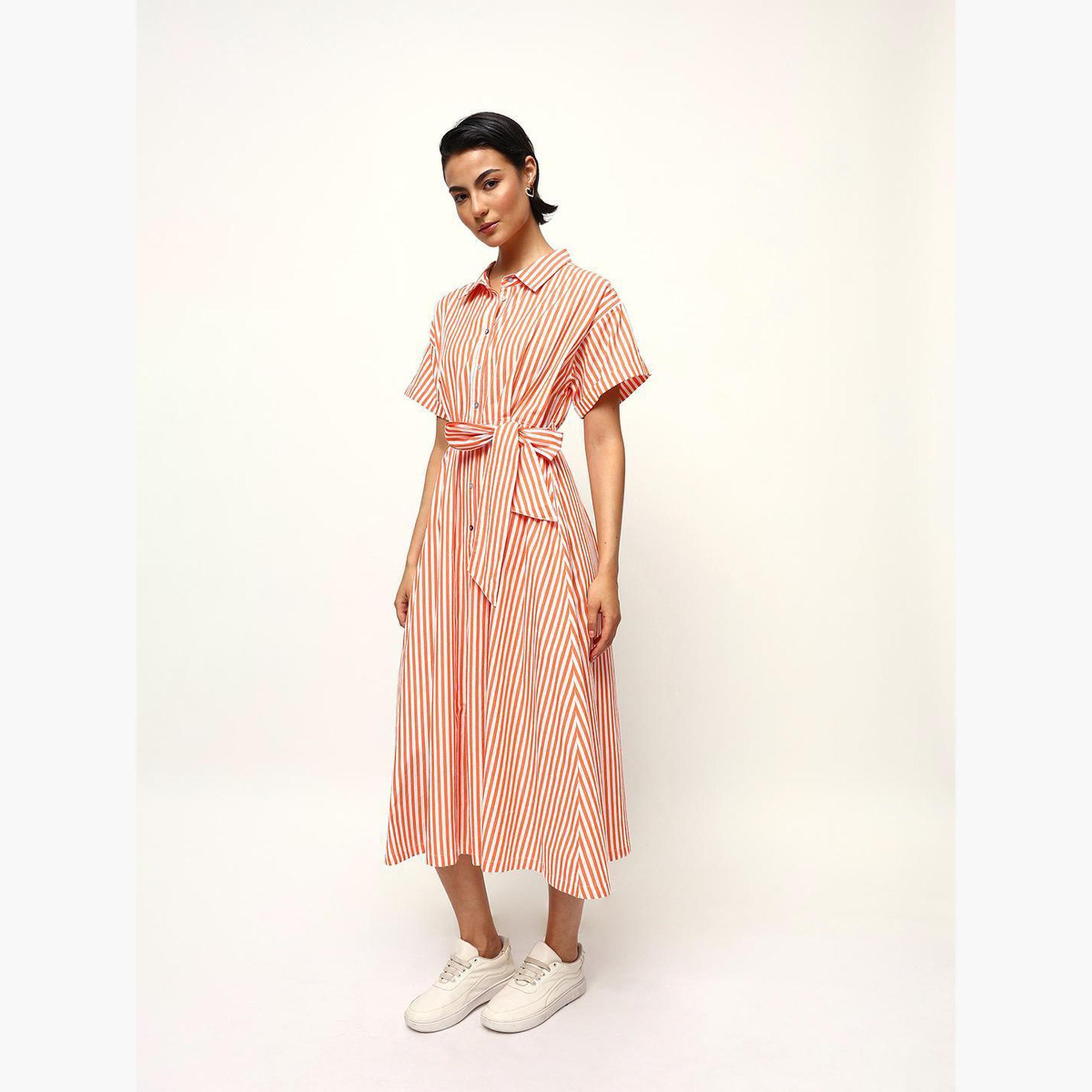 High Star X Styli Orange Striped Midi Dress with Tie-Belt-women-clothing-dresses-image-5