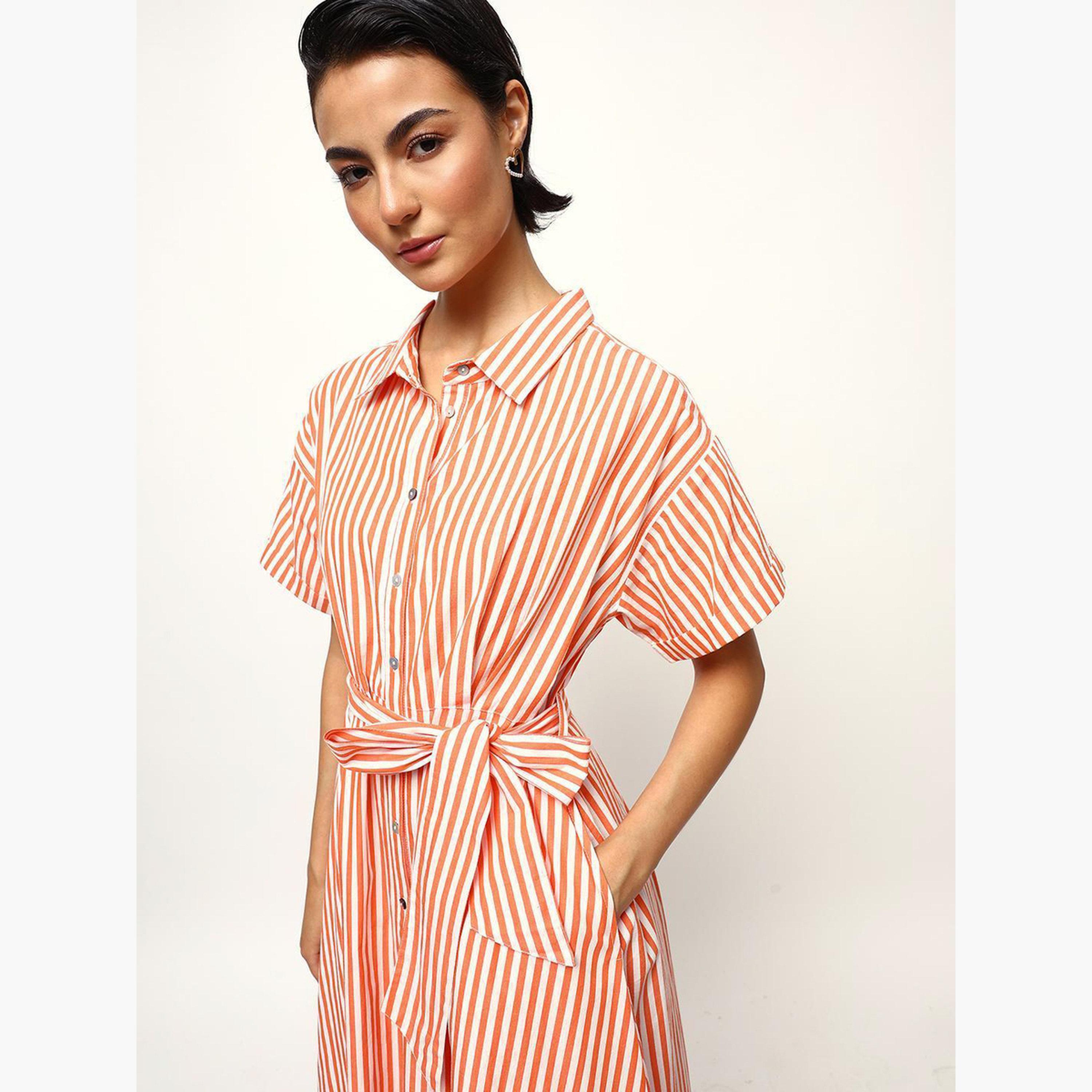 High Star X Styli Orange Striped Midi Dress with Tie-Belt-women-clothing-dresses-image-6