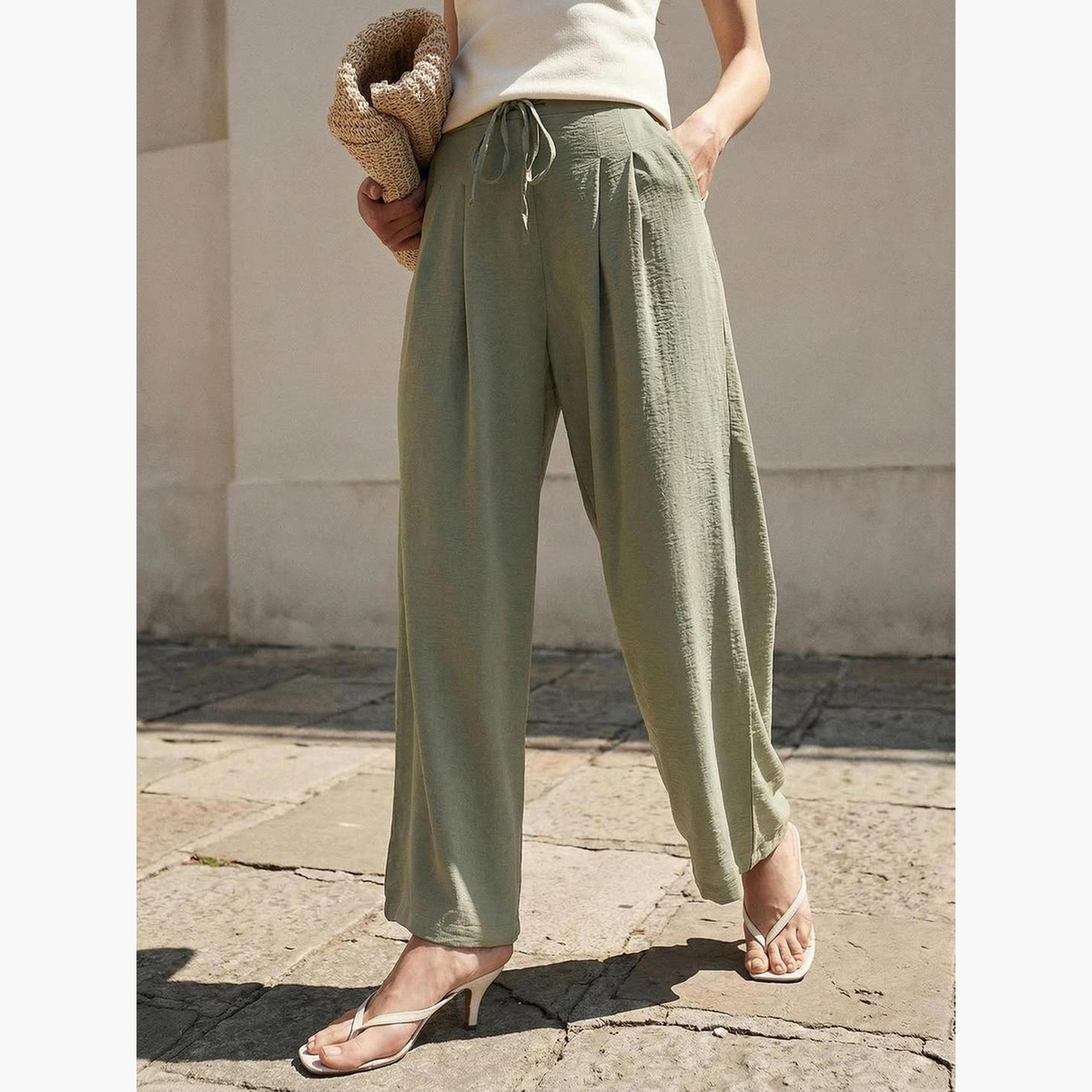 بنطال سادة بقصة مريحة زيتي فاتح-women-clothing-bottoms-joggers-image-1