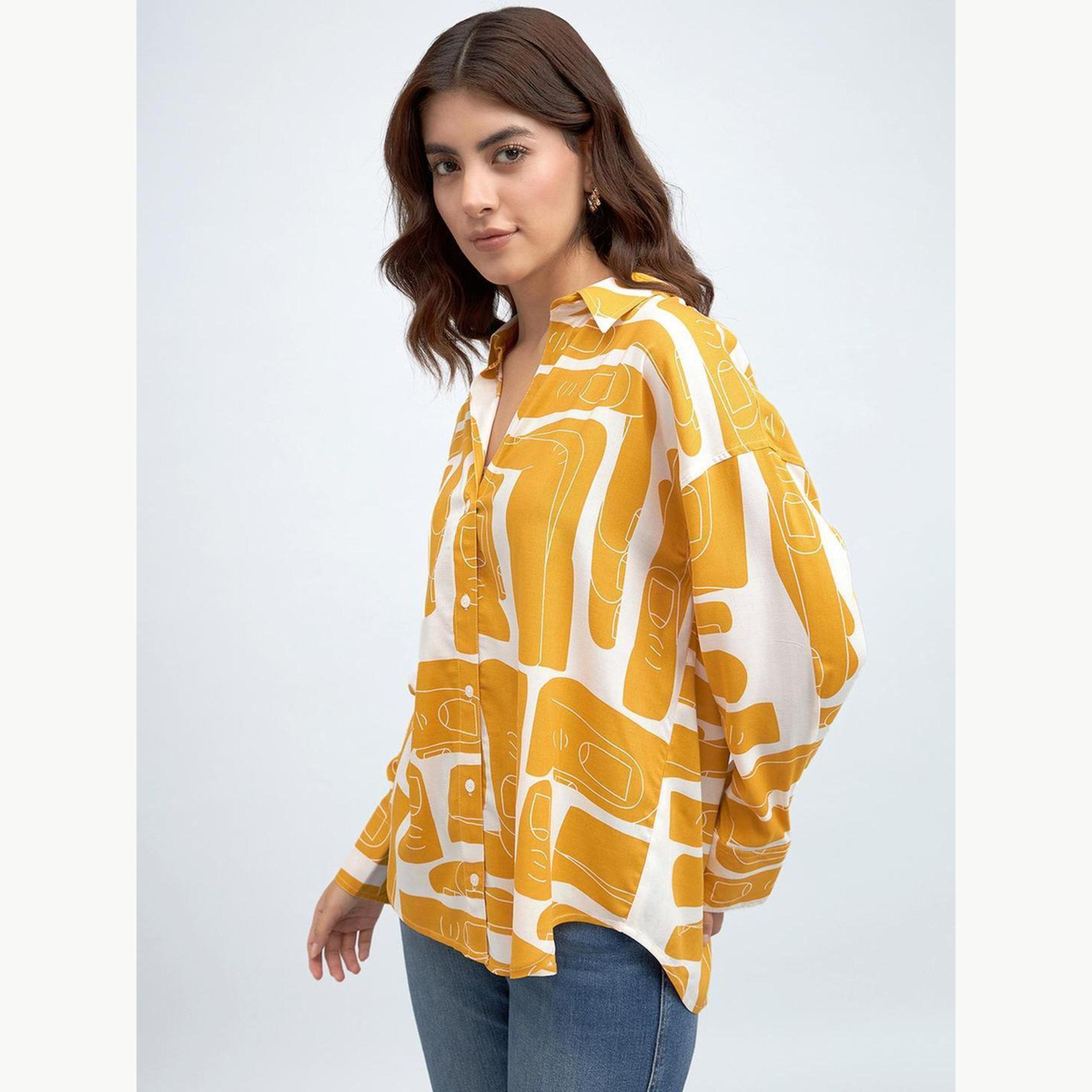 Dennis Lingo X Styli Mustard Rayon Printed Relaxed Shirt-women-clothing-shirtsandblouses-shirts-image-1