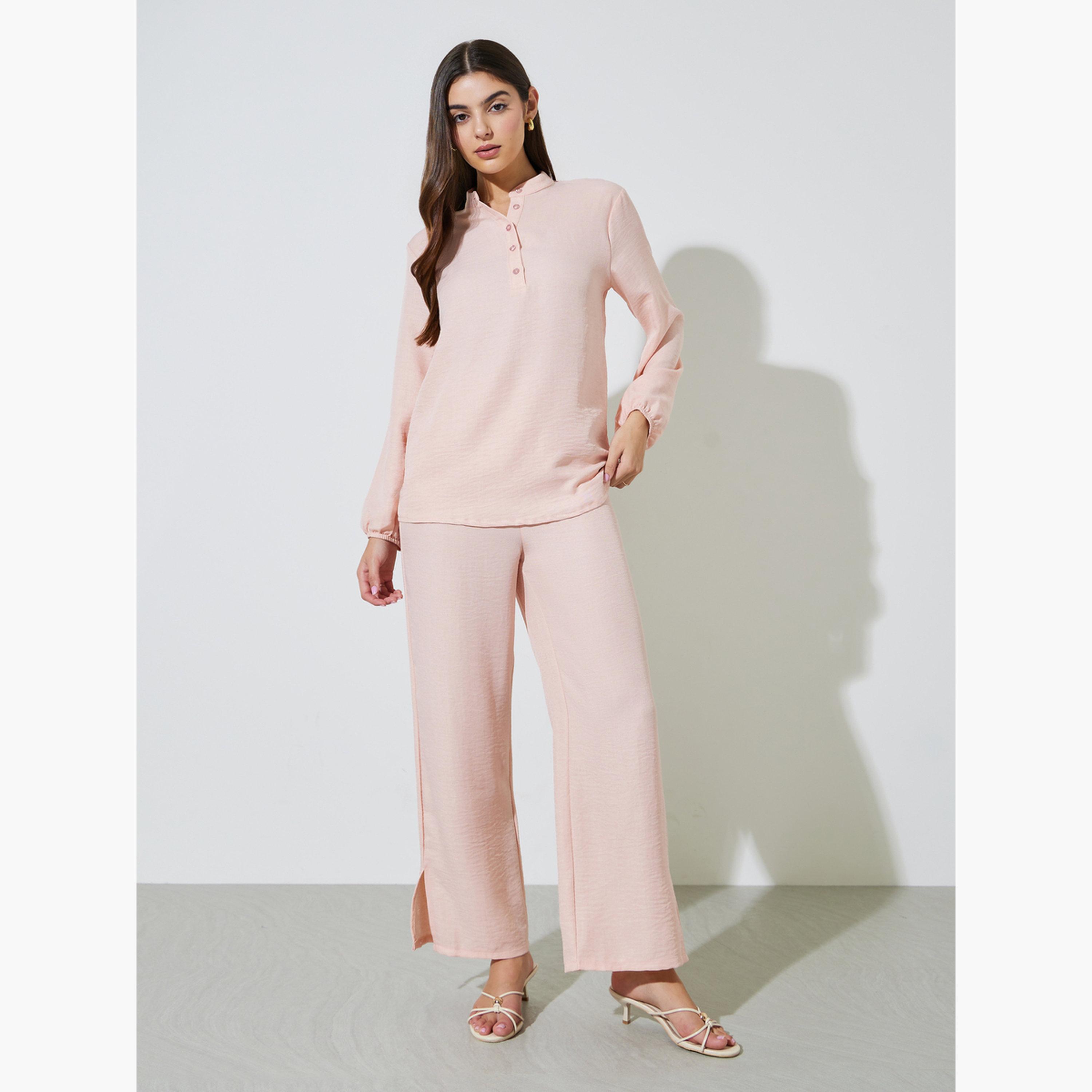 Amirah X Styli Light Pink Long Sleeves Top and Wide Leg Pants Modest Set-women-clothing-coordsets-image-1