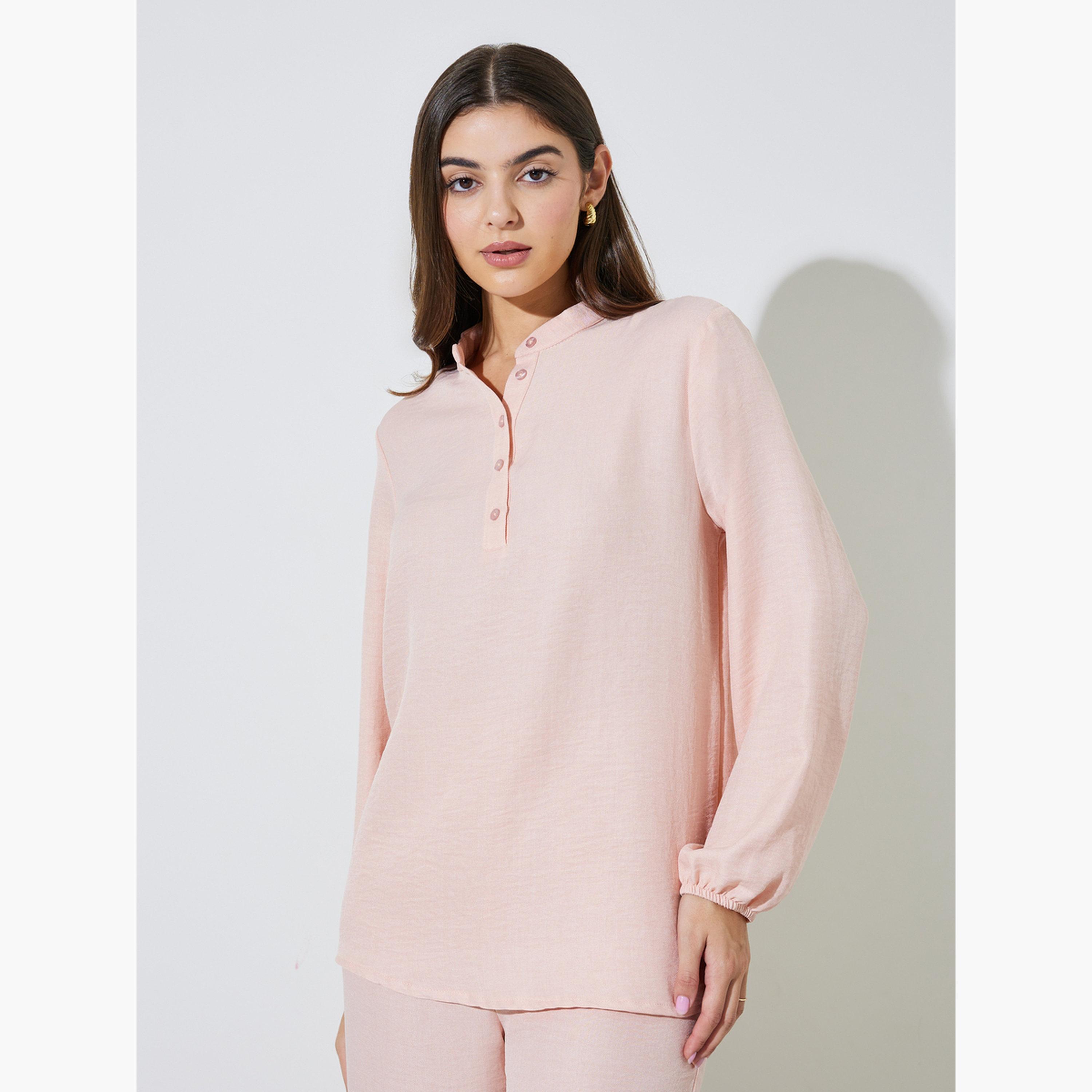 Amirah X Styli Light Pink Long Sleeves Top and Wide Leg Pants Modest Set-women-clothing-coordsets-image-3