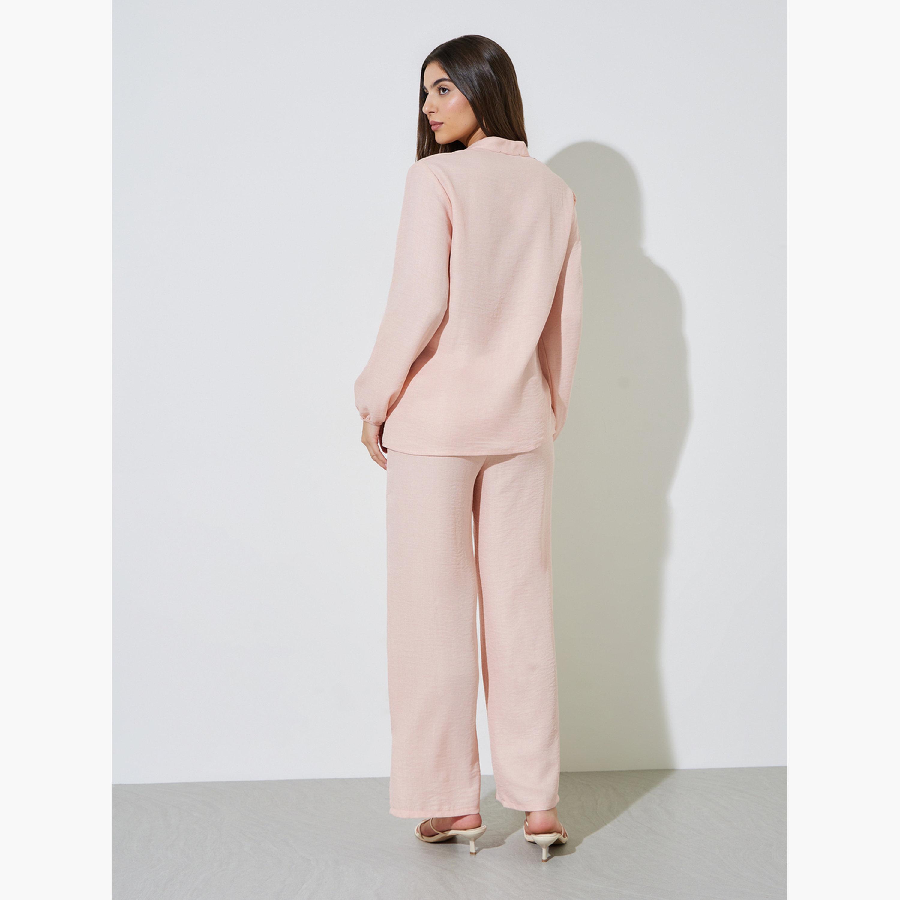 Amirah X Styli Light Pink Long Sleeves Top and Wide Leg Pants Modest Set-women-clothing-coordsets-image-4