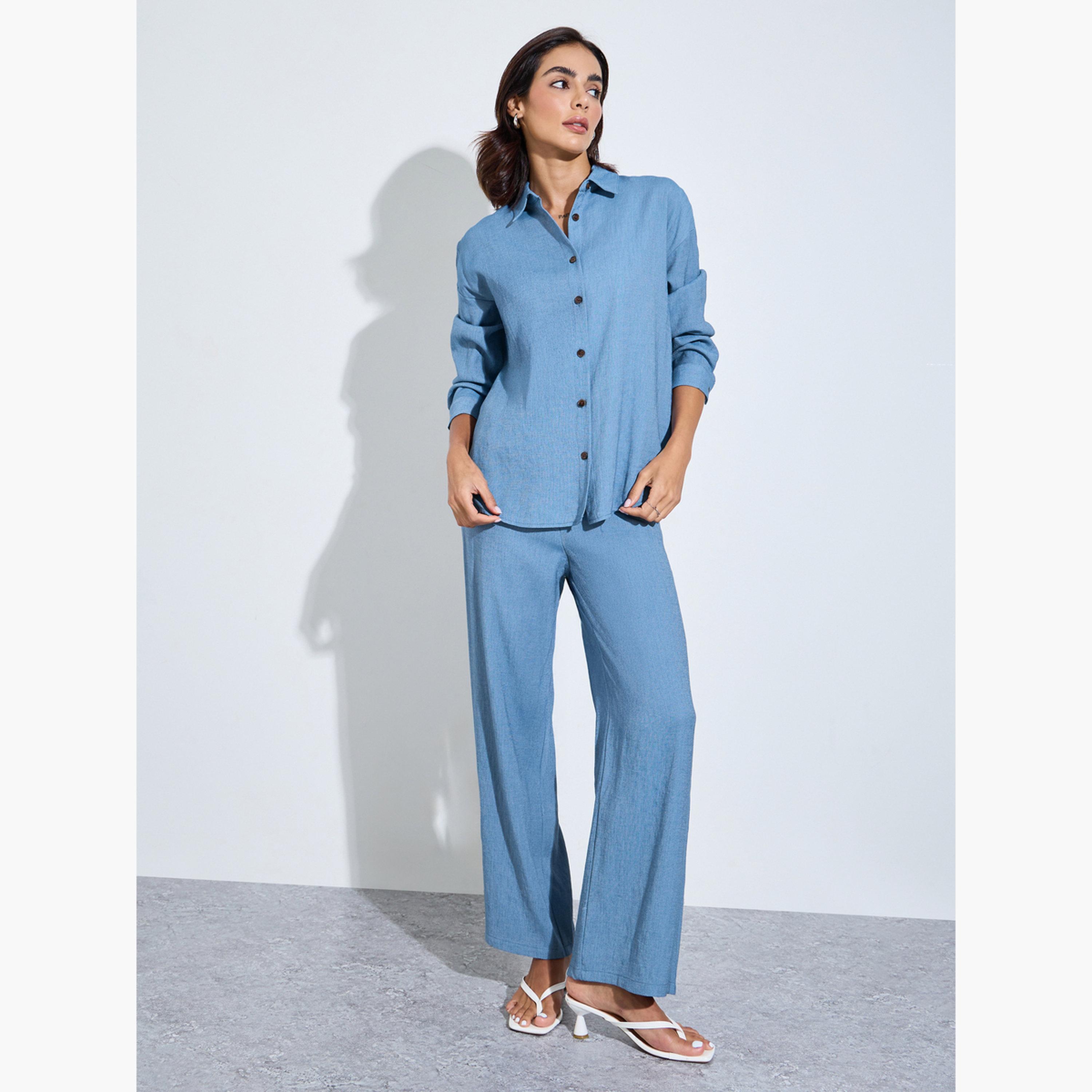 Amirah X Styli Blue Plain Longline Shirt and Pants Modest Set-women-clothing-coordsets-image-1