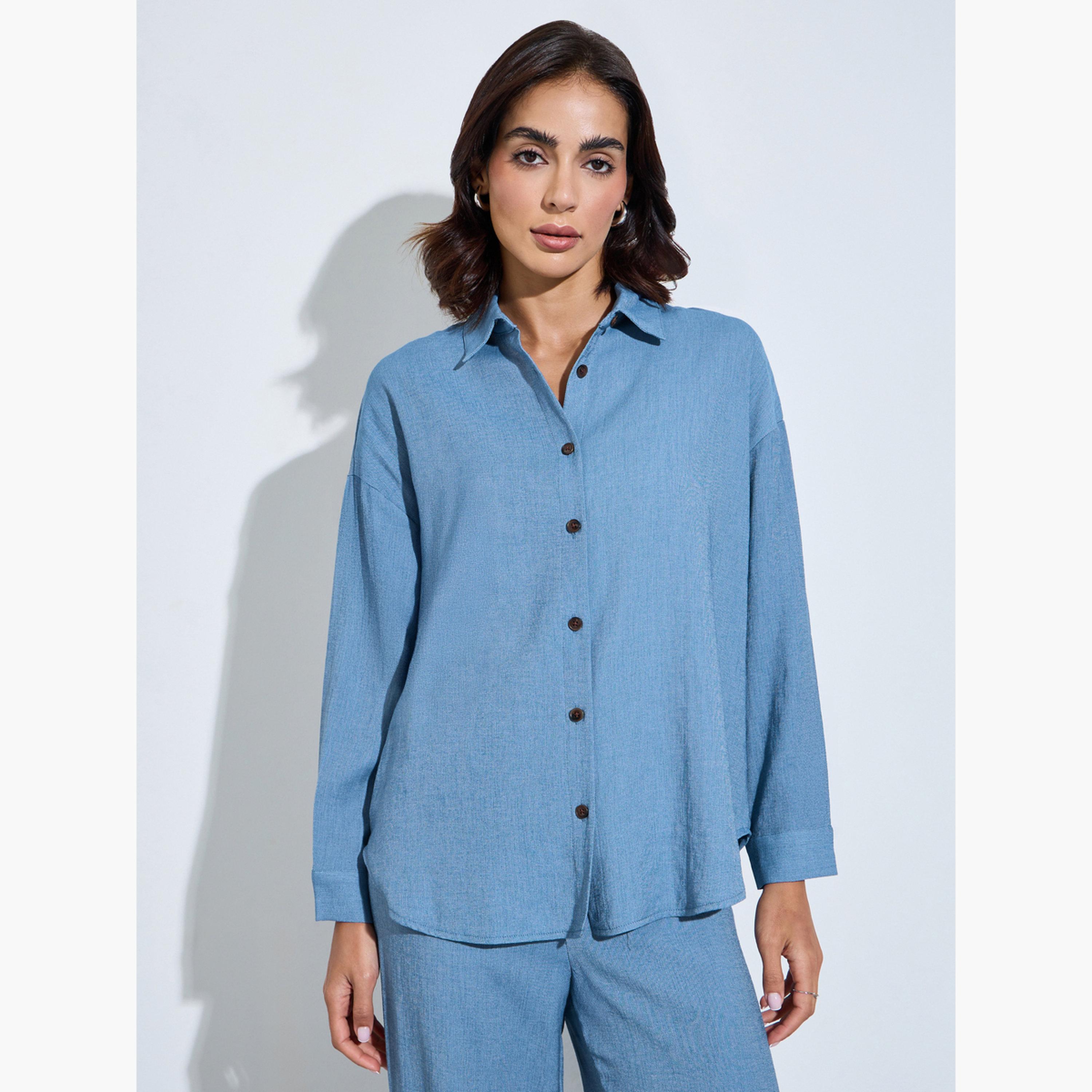Amirah X Styli Blue Plain Longline Shirt and Pants Modest Set-women-clothing-coordsets-image-2
