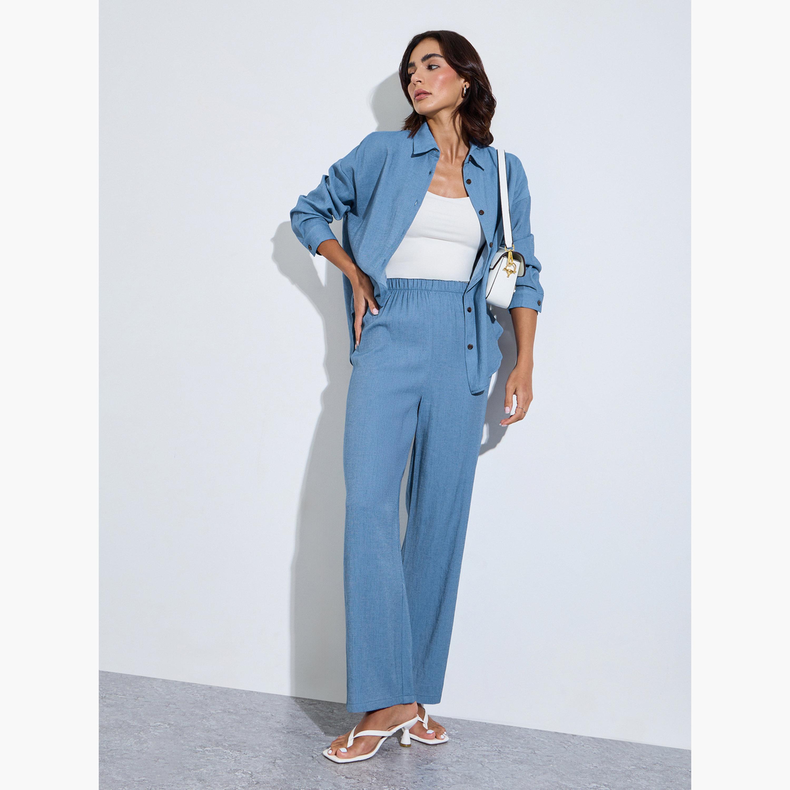 Amirah X Styli Blue Plain Longline Shirt and Pants Modest Set-women-clothing-coordsets-image-3