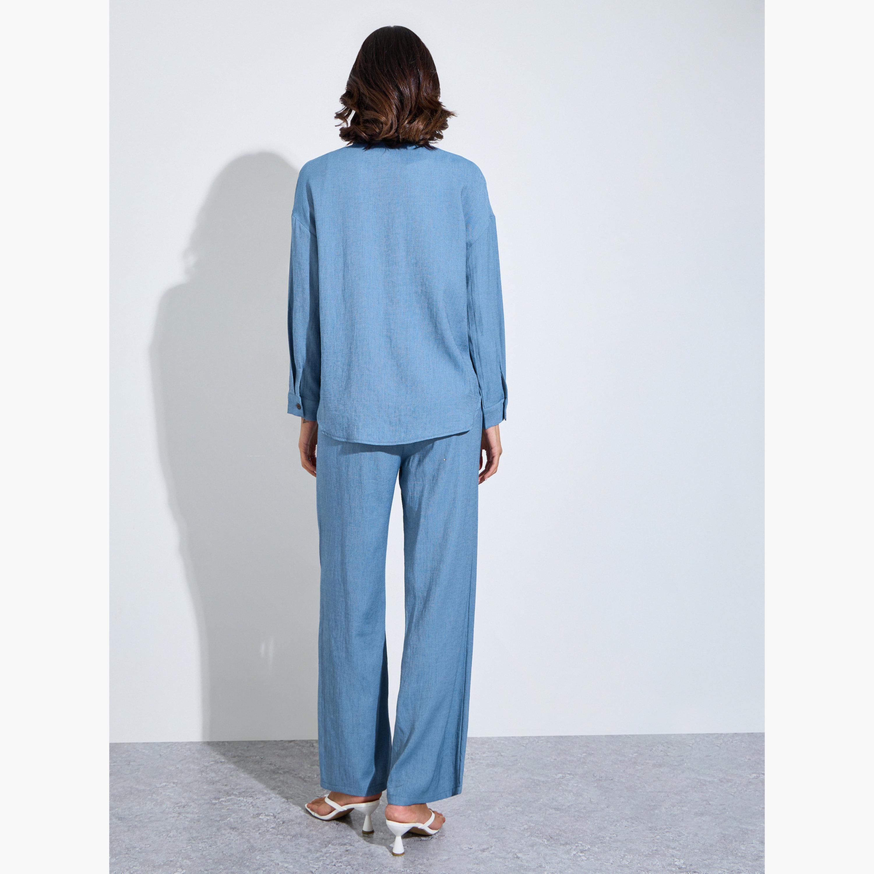 Amirah X Styli Blue Plain Longline Shirt and Pants Modest Set-women-clothing-coordsets-image-4