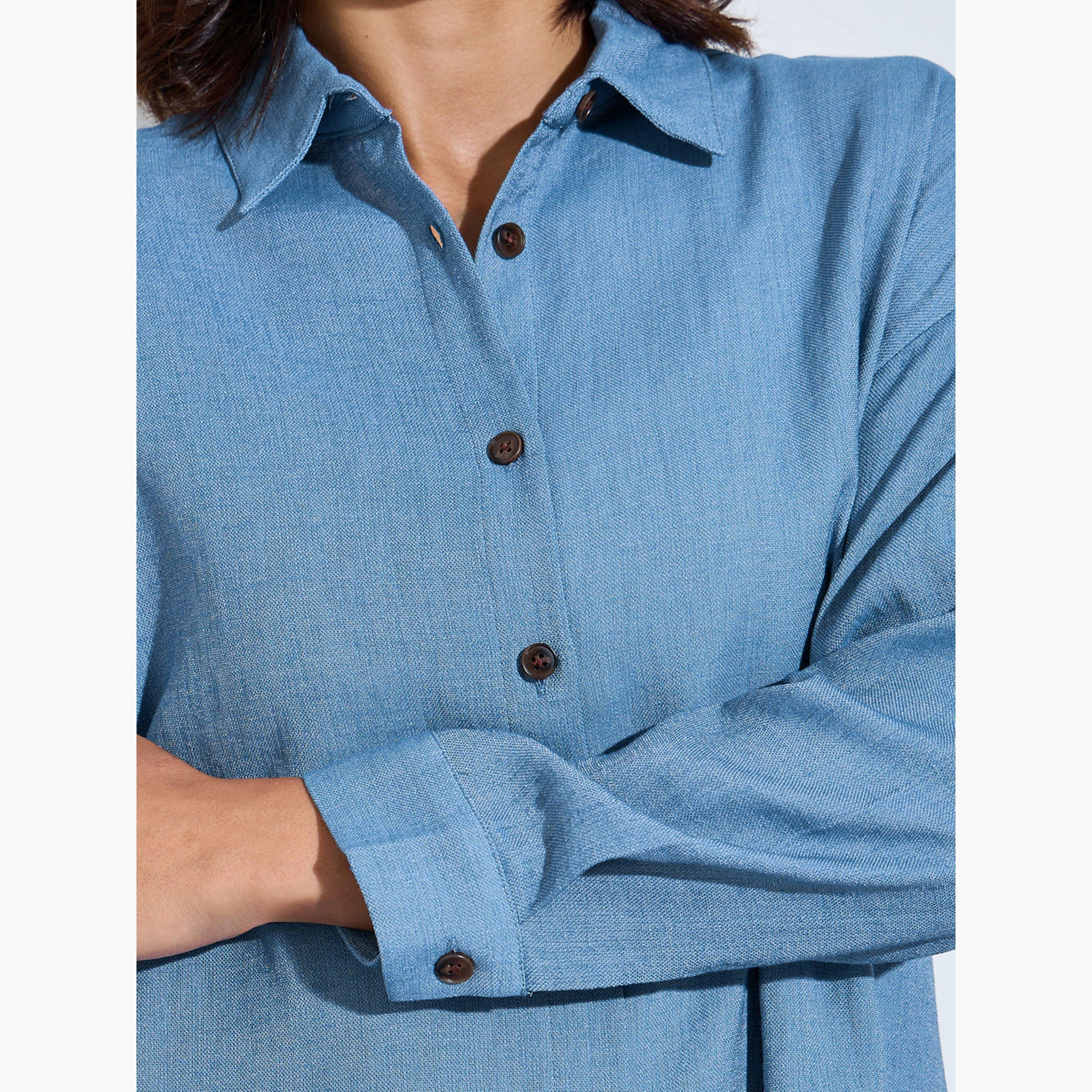 Amirah X Styli Blue Plain Longline Shirt and Pants Modest Set-women-clothing-coordsets-image-6