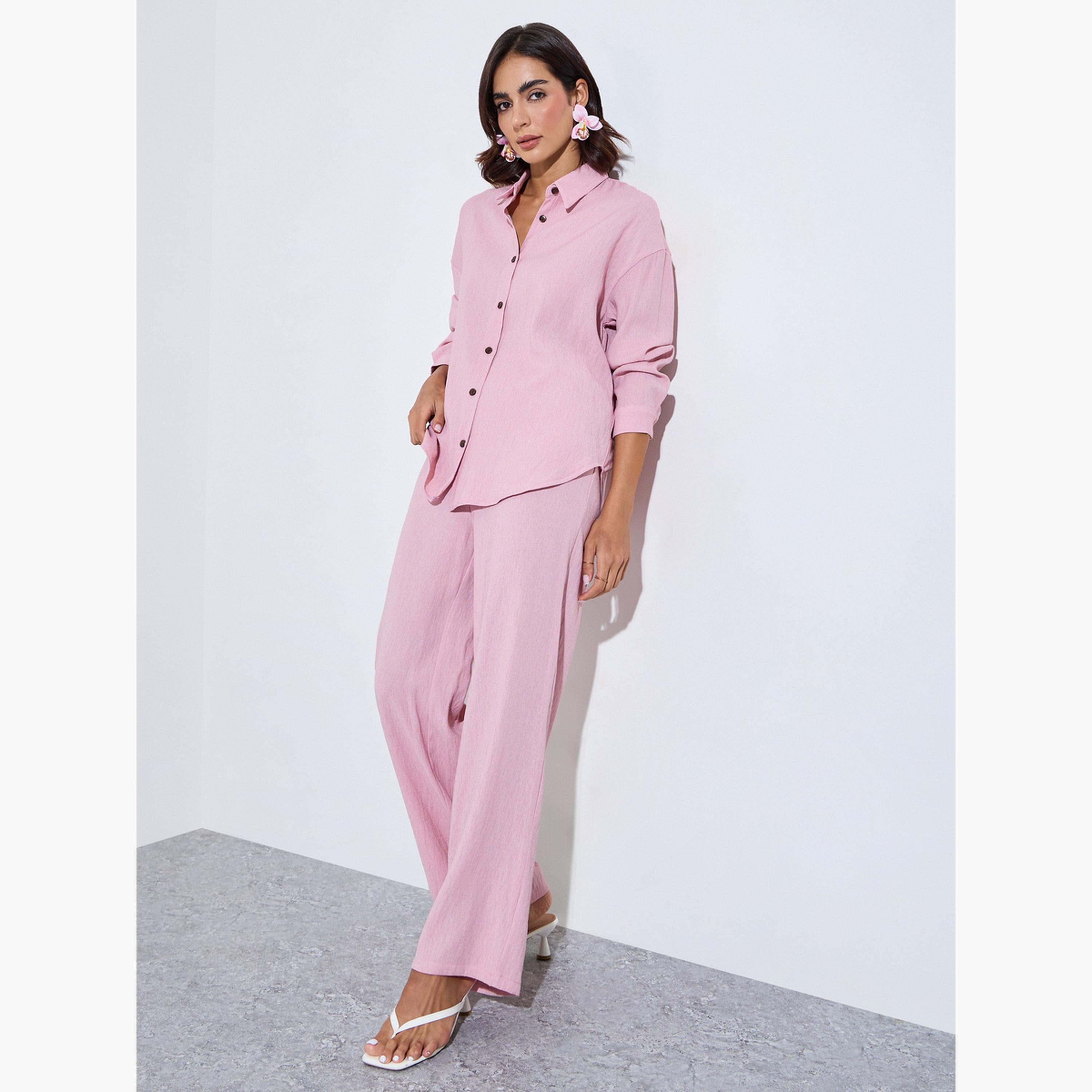 Amirah X Styli Pink Plain Longline Shirt and Pants Modest Set-women-clothing-coordsets-image-1