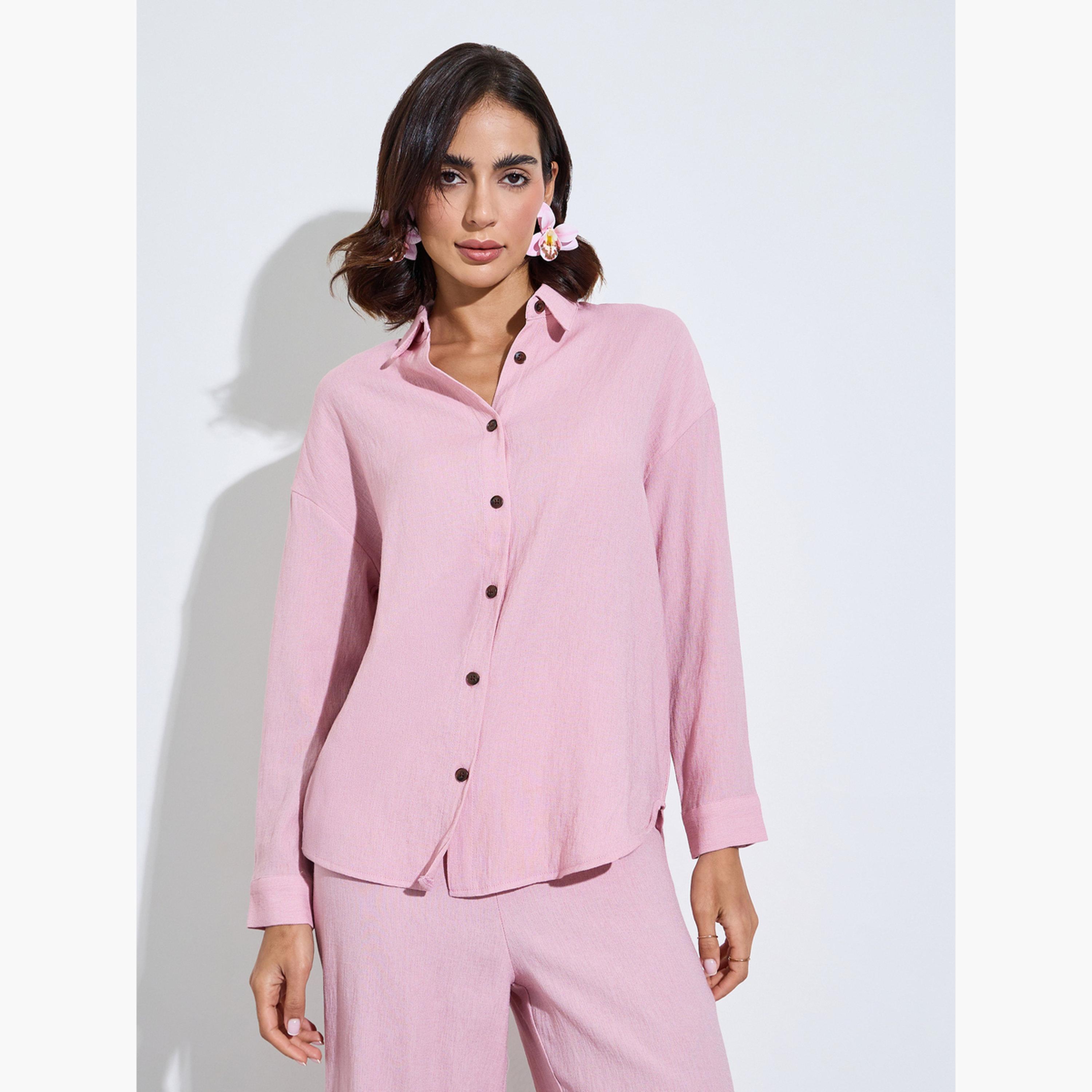 Amirah X Styli Pink Plain Longline Shirt and Pants Modest Set-women-clothing-coordsets-image-2