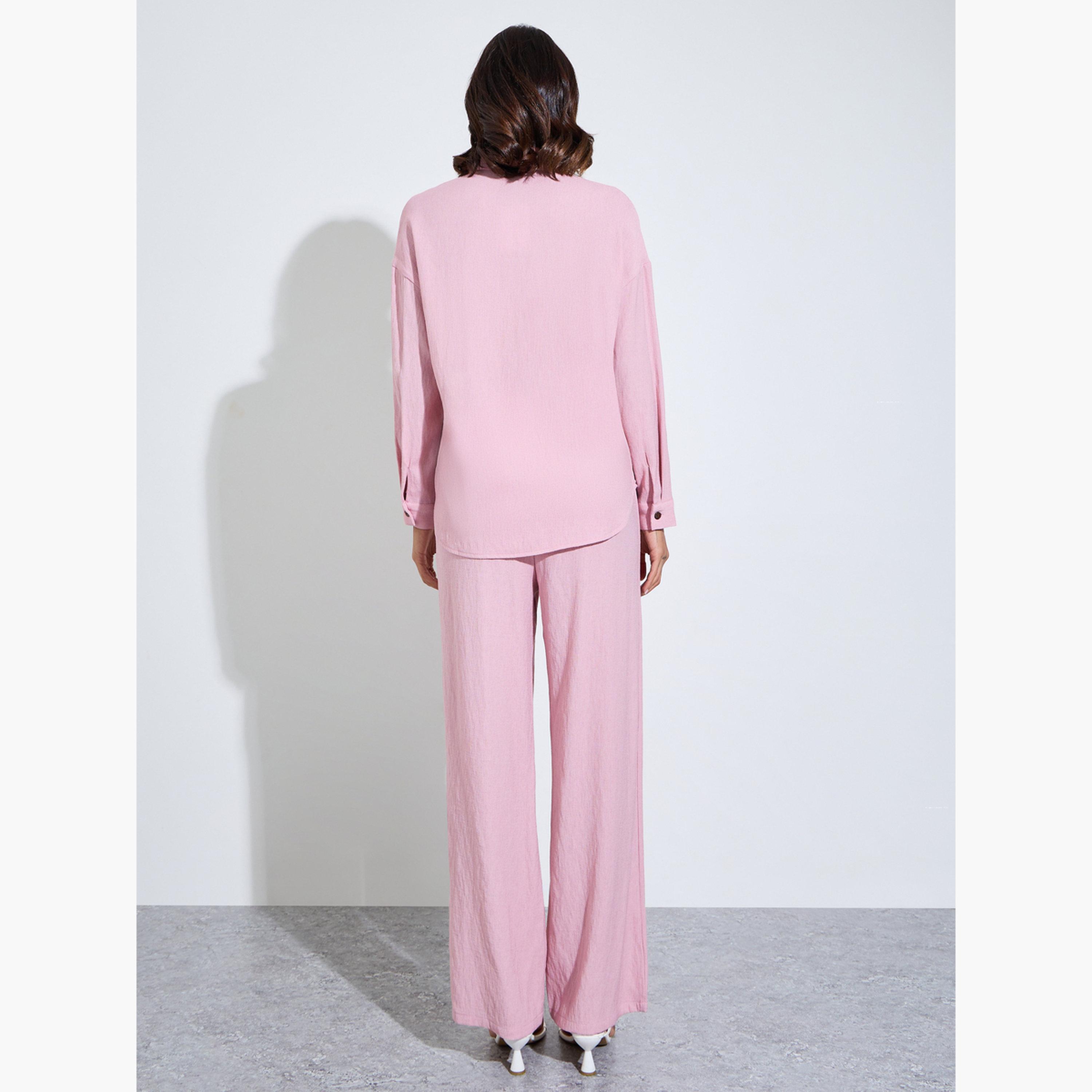 Amirah X Styli Pink Plain Longline Shirt and Pants Modest Set-women-clothing-coordsets-image-3