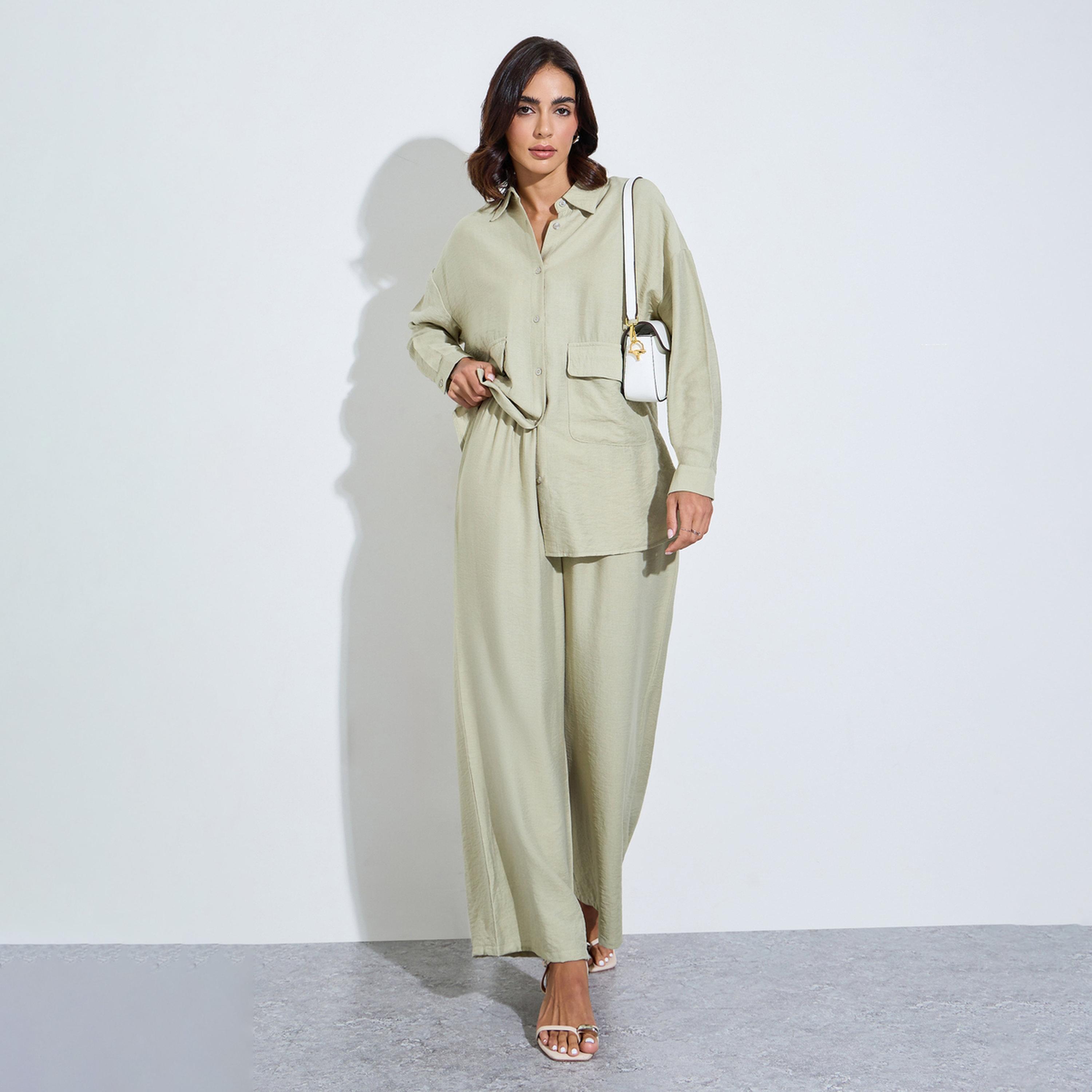 Amirah X Styli Green Oversized Shirt and Wide Leg Pants Modest Set-women-arabicclothing-sets-image-1