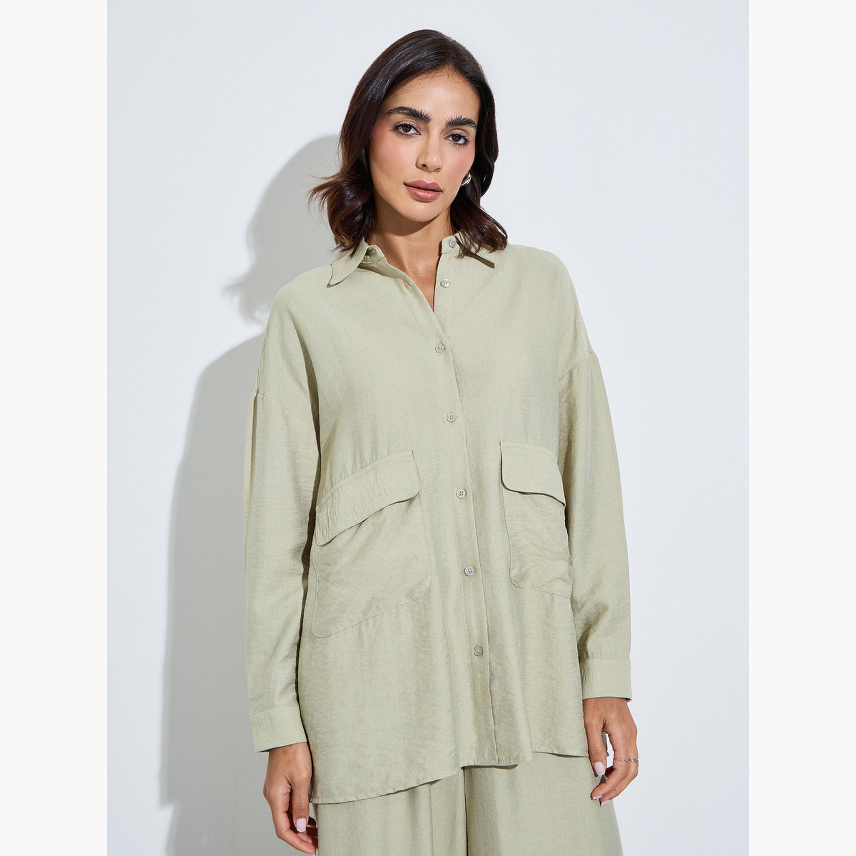 Amirah X Styli Green Oversized Shirt and Wide Leg Pants Modest Set-women-arabicclothing-sets-image-2
