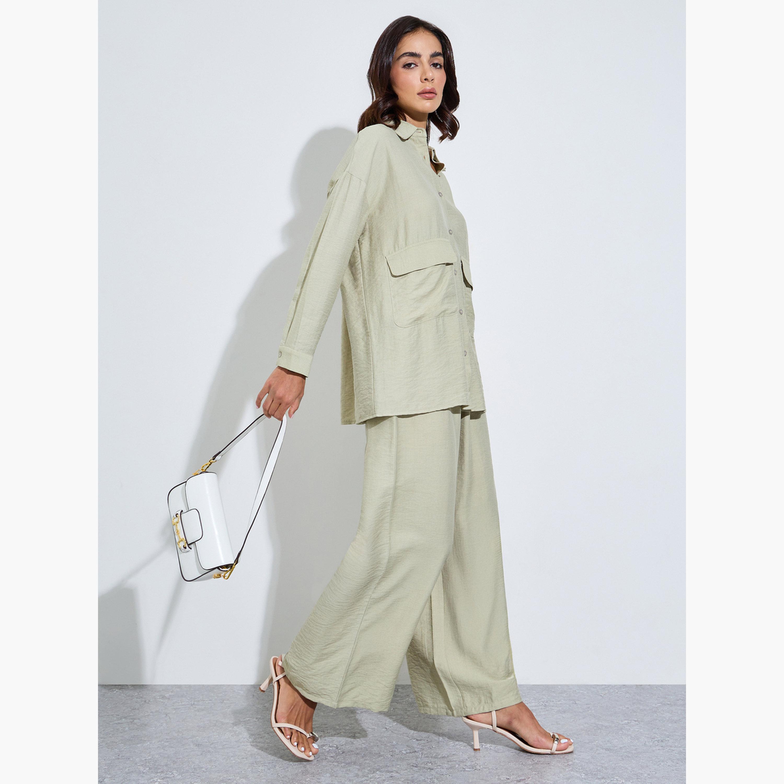 Amirah X Styli Green Oversized Shirt and Wide Leg Pants Modest Set-women-arabicclothing-sets-image-3
