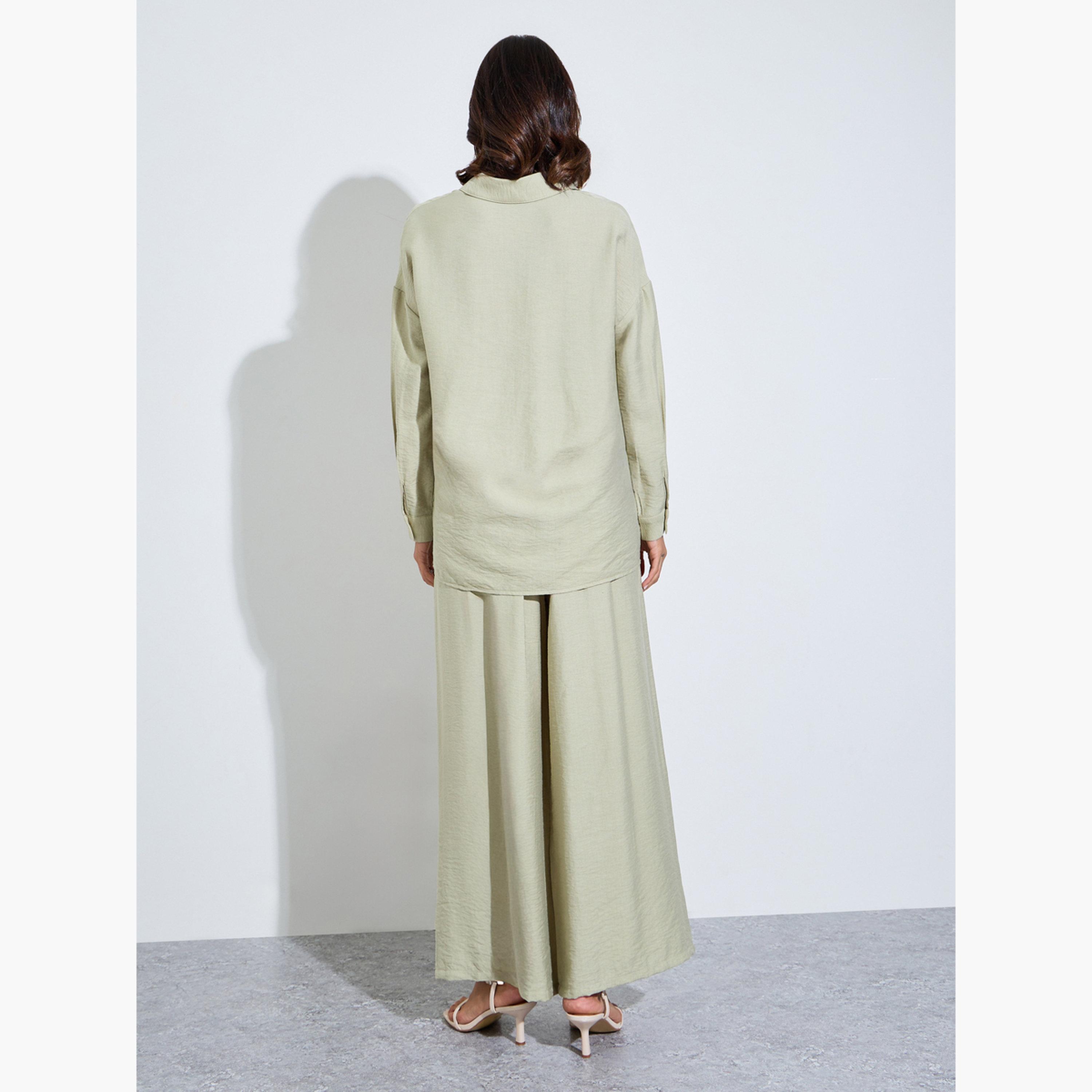 Amirah X Styli Green Oversized Shirt and Wide Leg Pants Modest Set-women-arabicclothing-sets-image-4