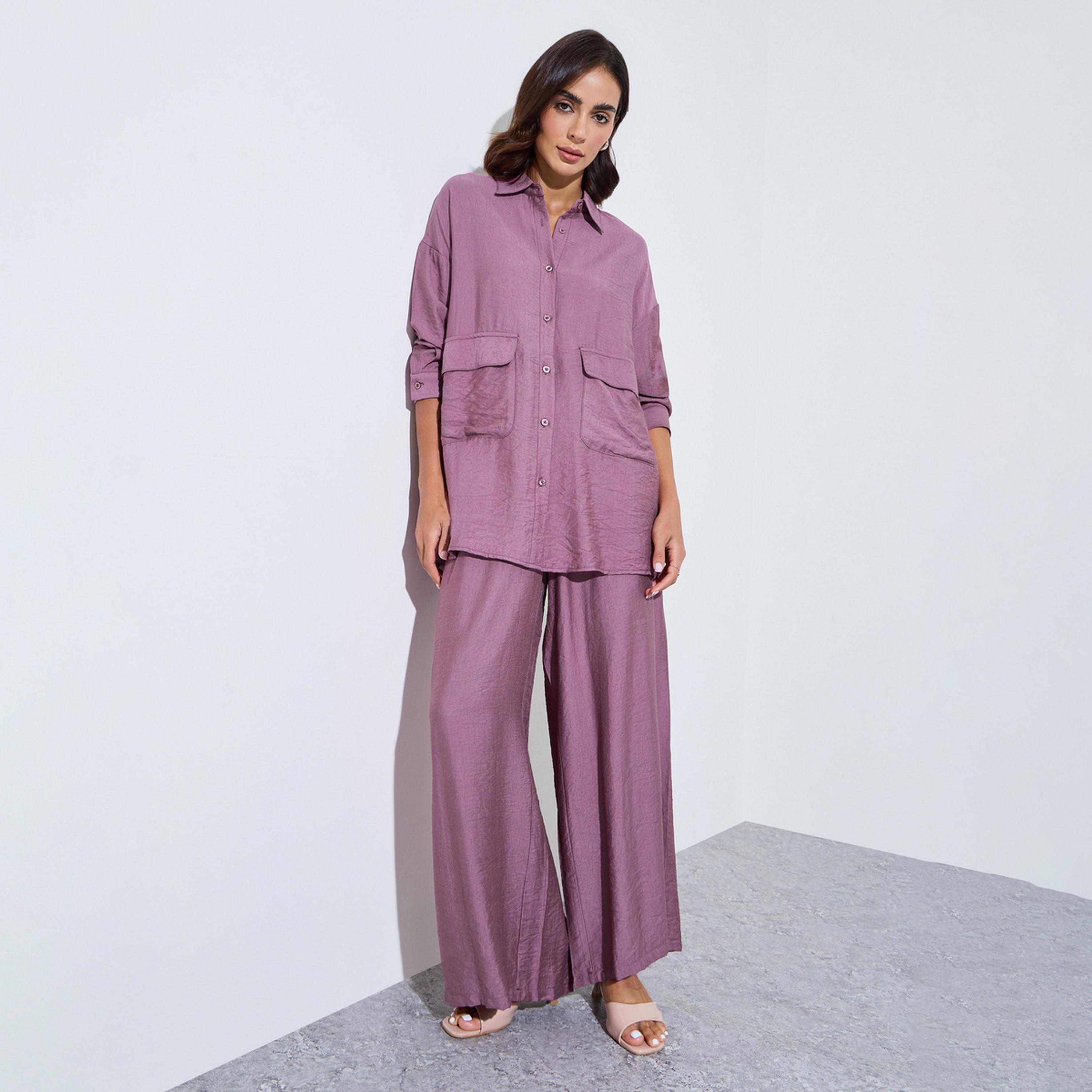 Amirah X Styli Purple Oversized Shirt and Wide Leg Pants Modest Set-women-arabicclothing-sets-image-1
