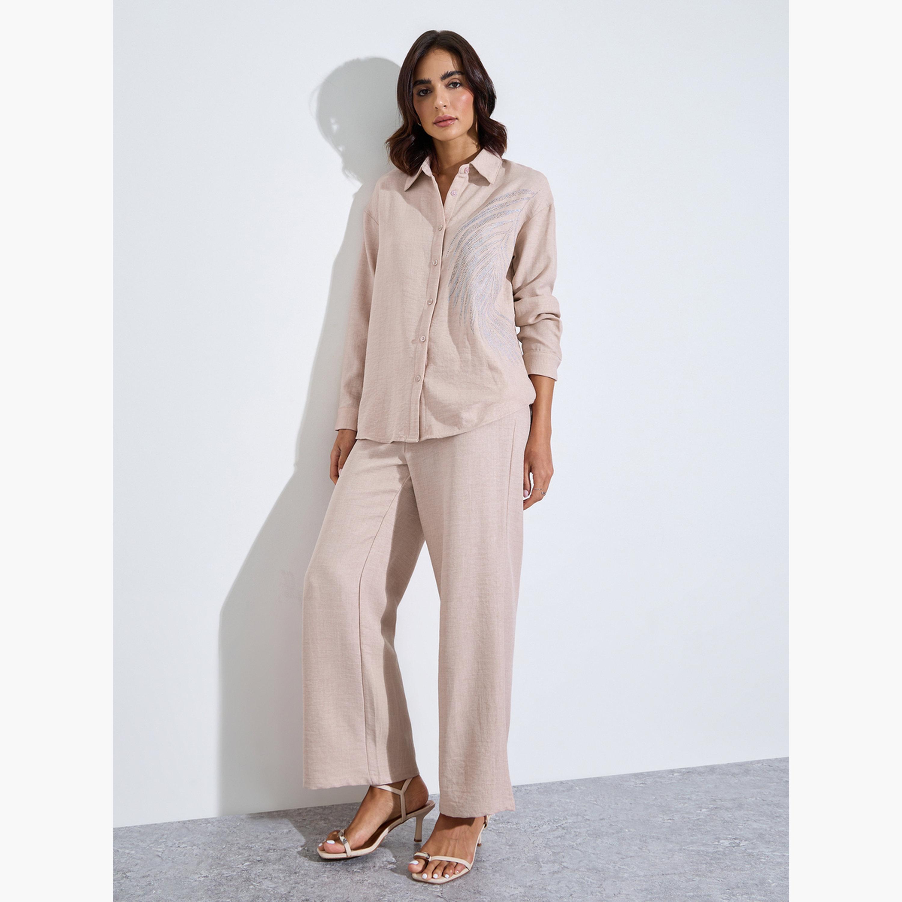 Amirah X Styli Beige Relaxed Shirt and Straight Leg Pants Modest Set-women-arabicclothing-sets-image-1