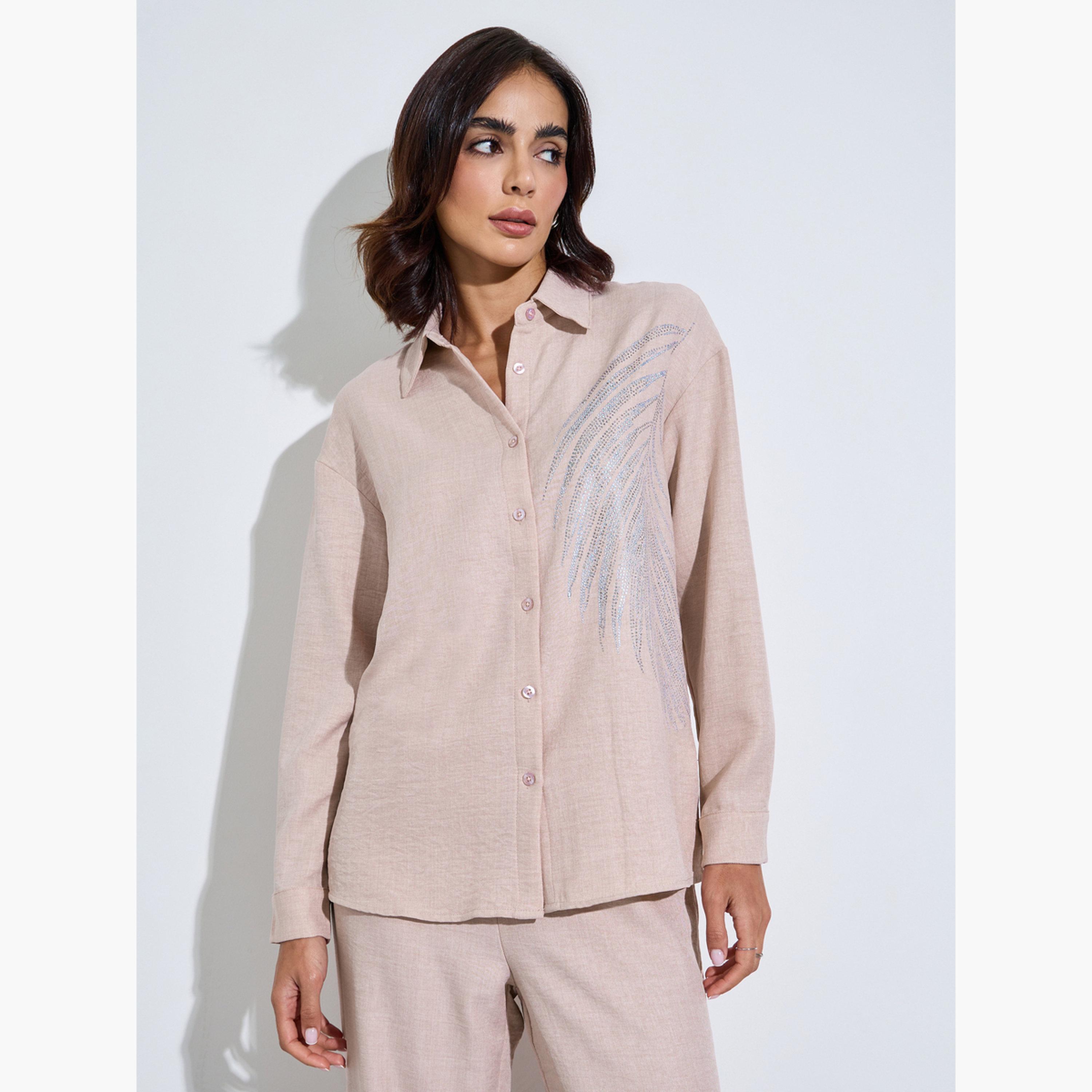 Amirah X Styli Beige Relaxed Shirt and Straight Leg Pants Modest Set-women-arabicclothing-sets-image-2