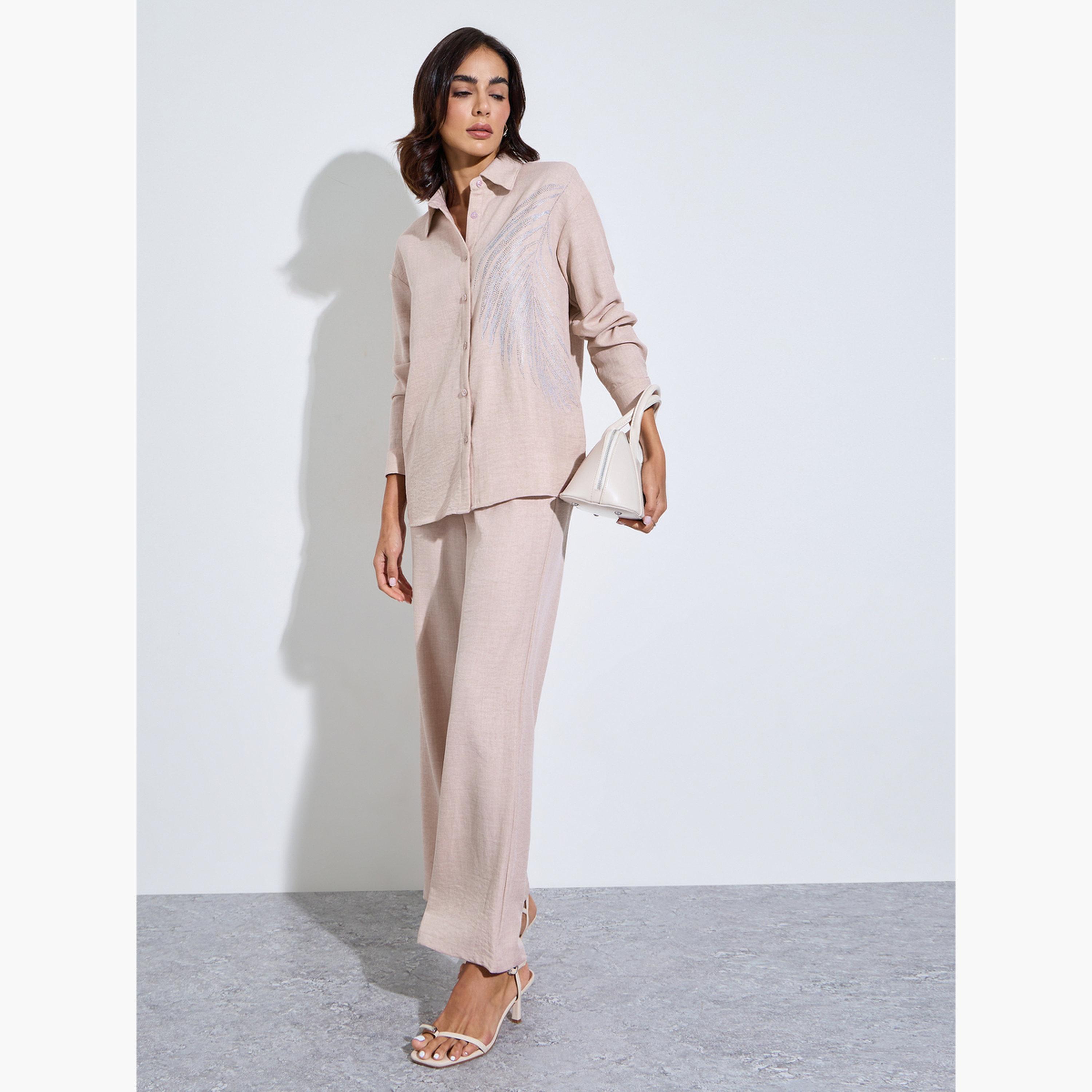 Amirah X Styli Beige Relaxed Shirt and Straight Leg Pants Modest Set-women-arabicclothing-sets-image-3
