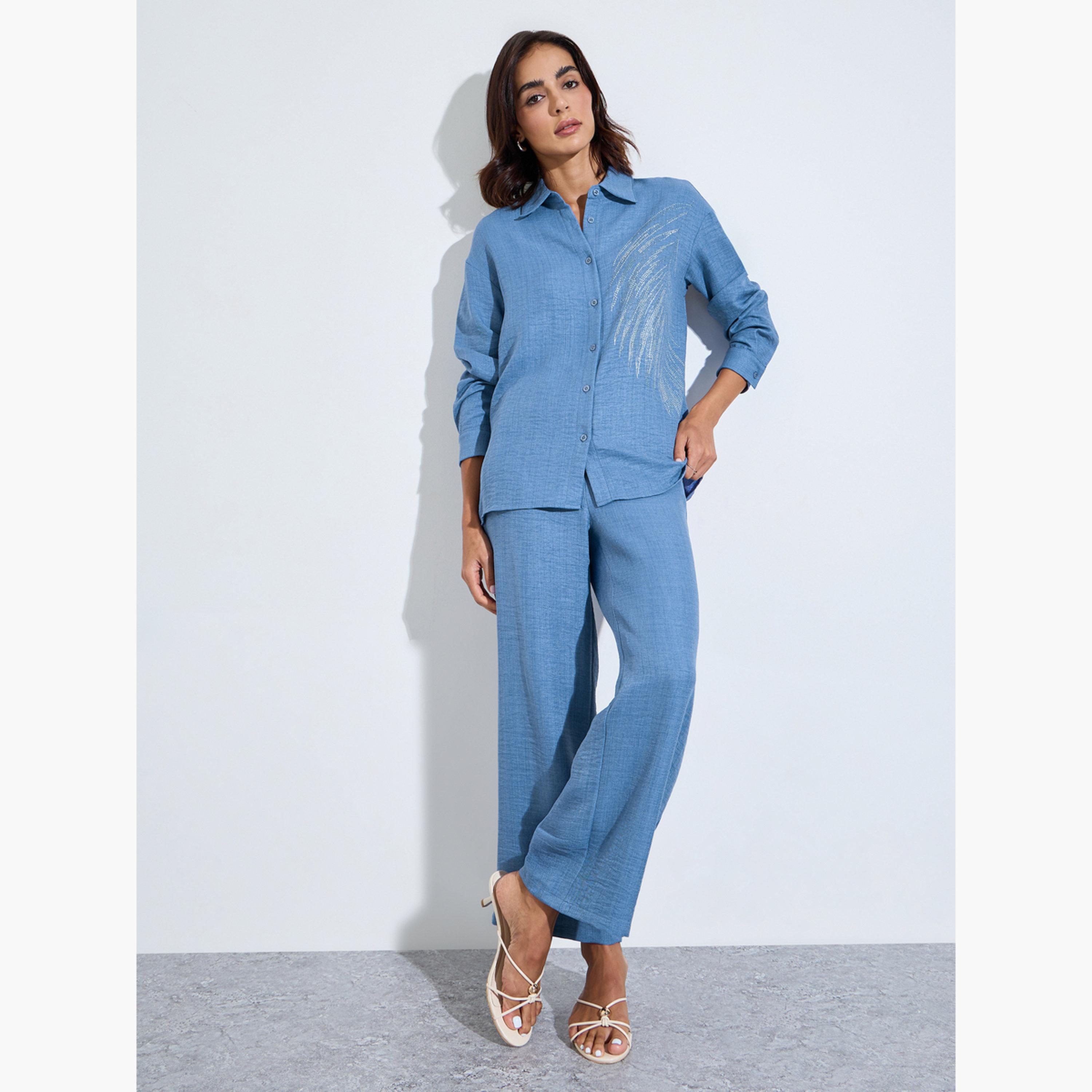 Amirah X Styli Blue Relaxed Shirt and Straight Leg Pants Modest Set-women-arabicclothing-sets-image-1