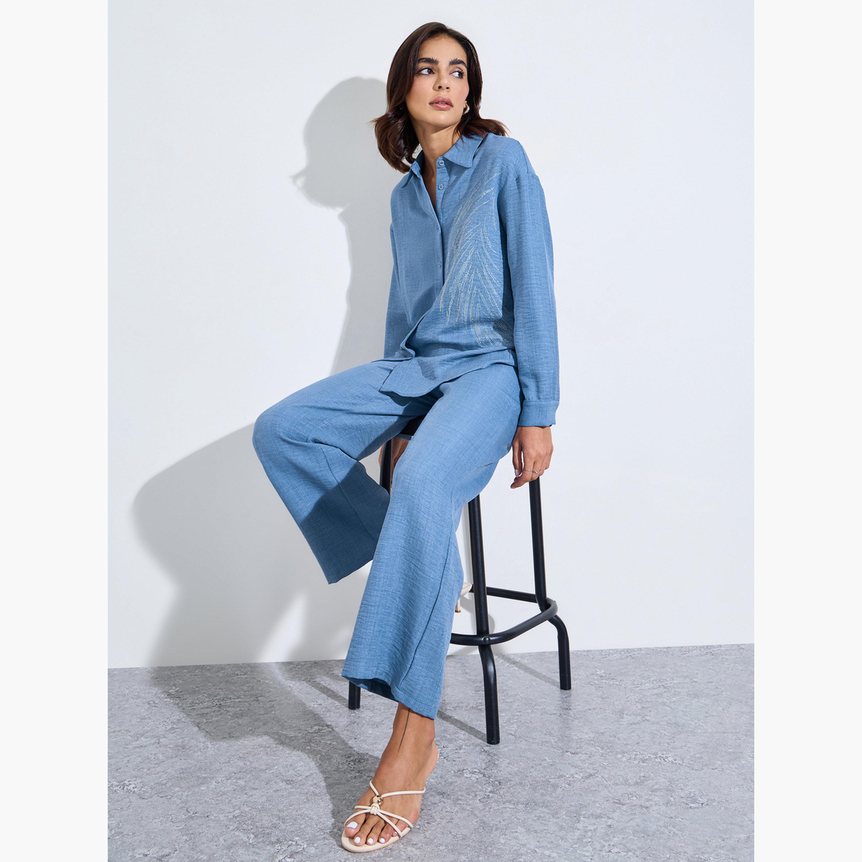 Amirah X Styli Blue Relaxed Shirt and Straight Leg Pants Modest Set-women-arabicclothing-sets-image-2