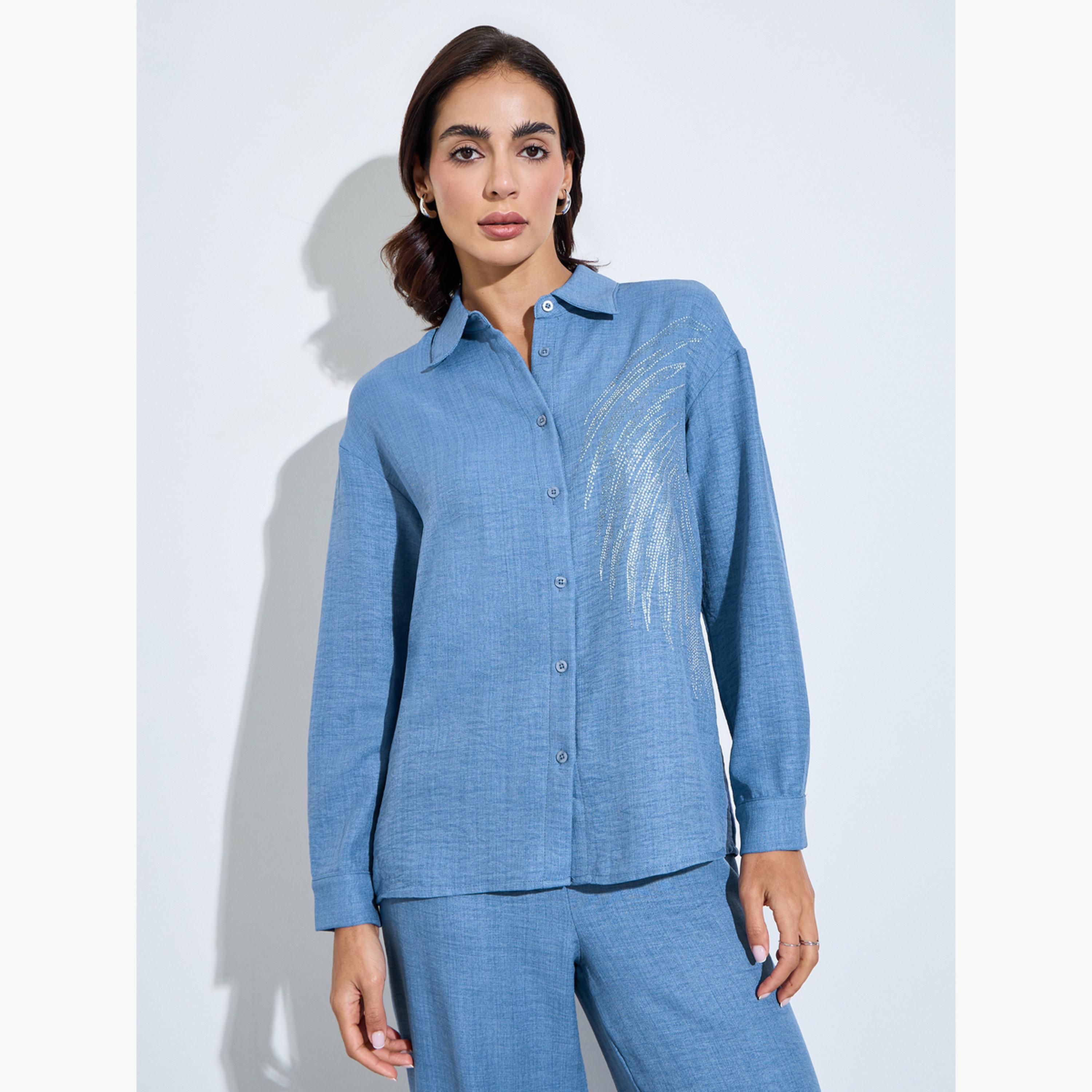 Amirah X Styli Blue Relaxed Shirt and Straight Leg Pants Modest Set-women-arabicclothing-sets-image-3