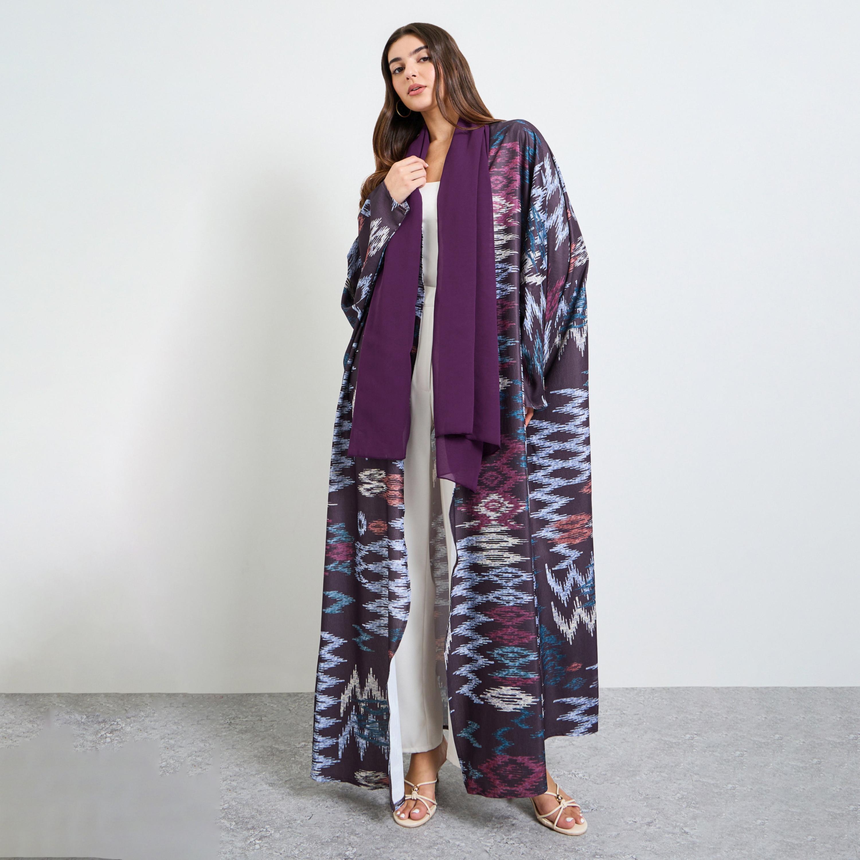 Amirah X Styli Purple Front Open Geo Pattern Abaya-women-arabicclothing-abayas-image-1