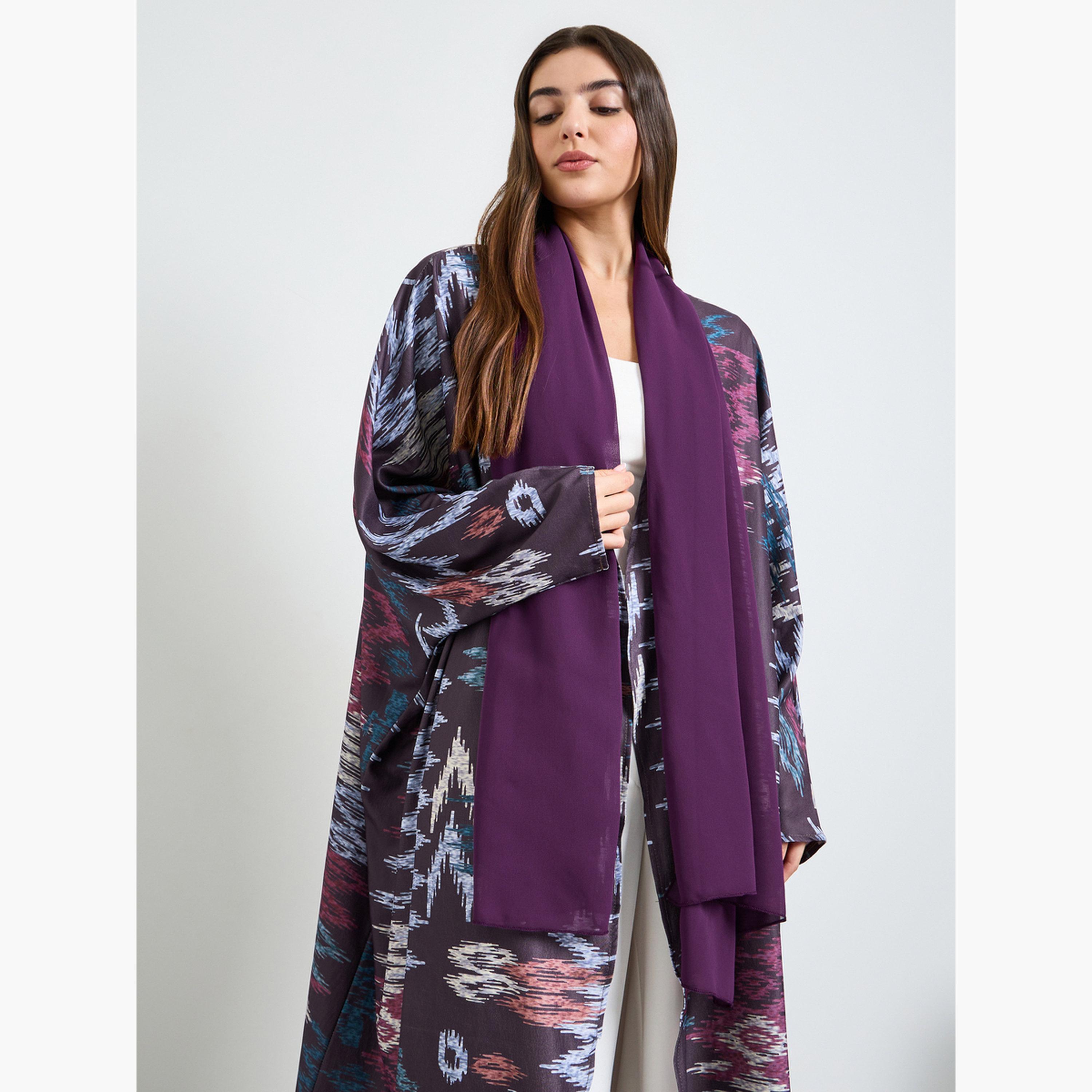 Amirah X Styli Purple Front Open Geo Pattern Abaya-women-arabicclothing-abayas-image-2