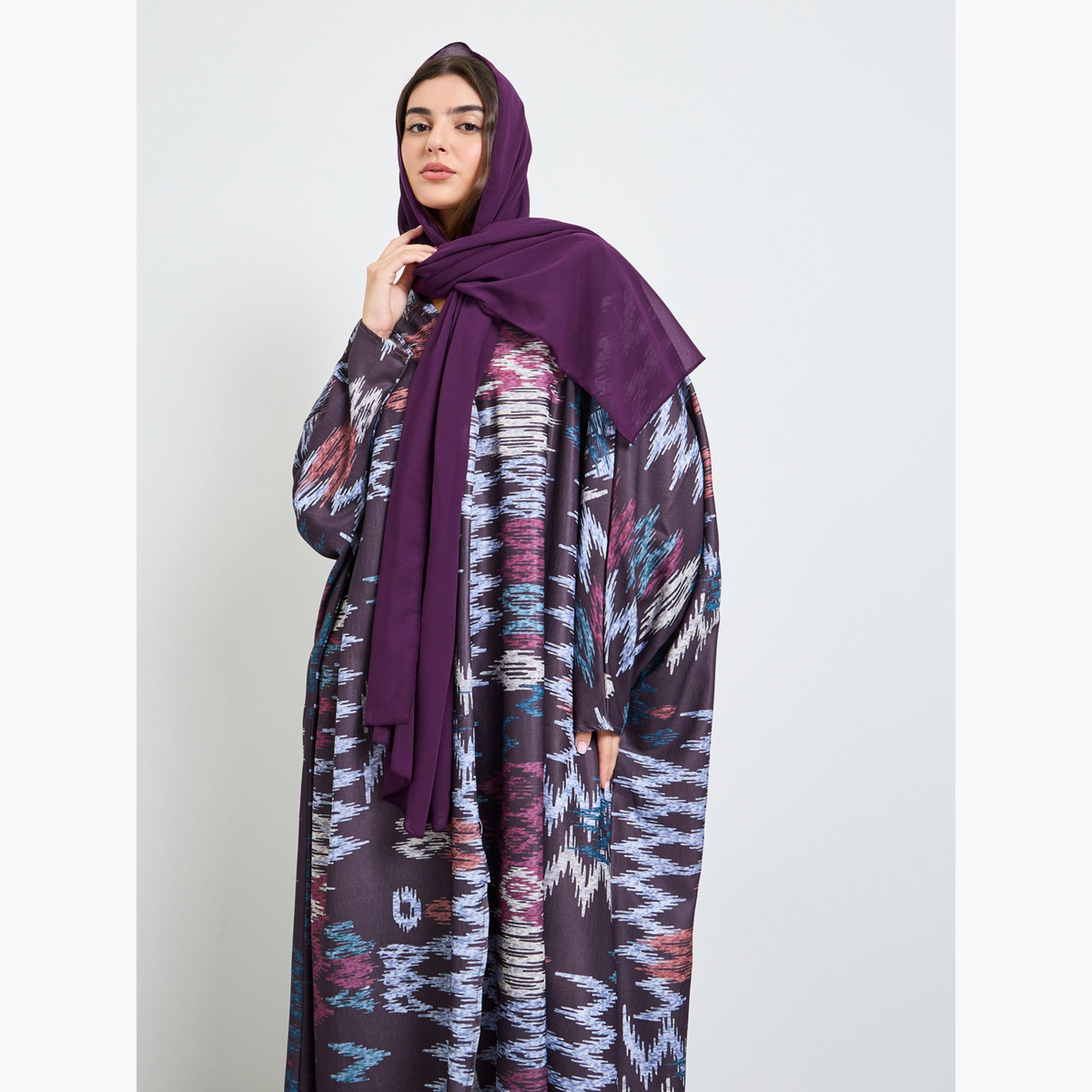Amirah X Styli Purple Front Open Geo Pattern Abaya-women-arabicclothing-abayas-image-4