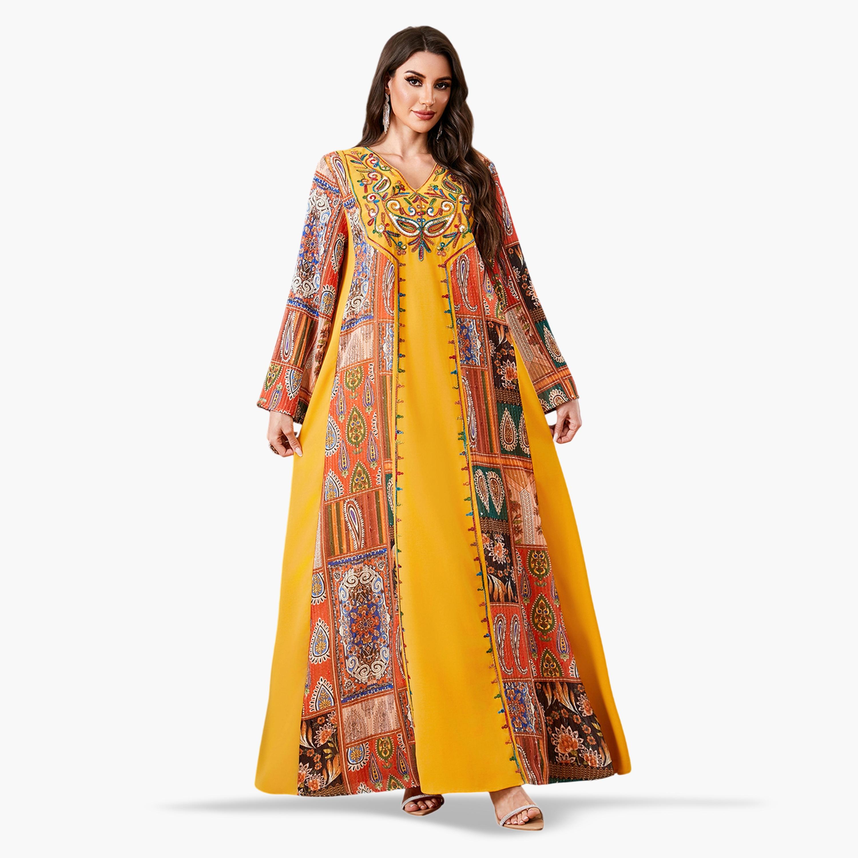 جلابية طويلة مطرزة لون أصفر-women-arabicclothing-jalabiyas-image-1