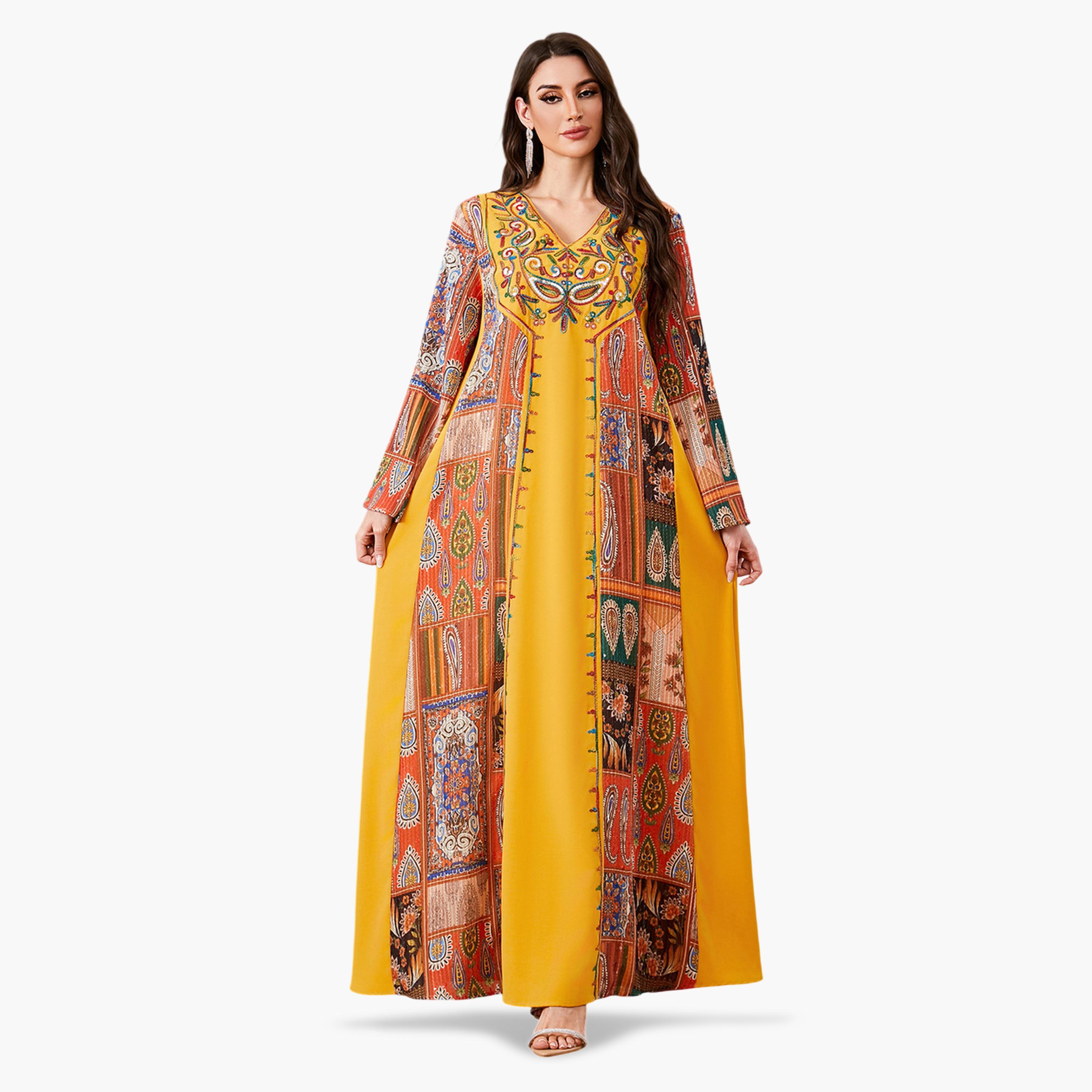 جلابية طويلة مطرزة لون أصفر-women-arabicclothing-jalabiyas-image-3