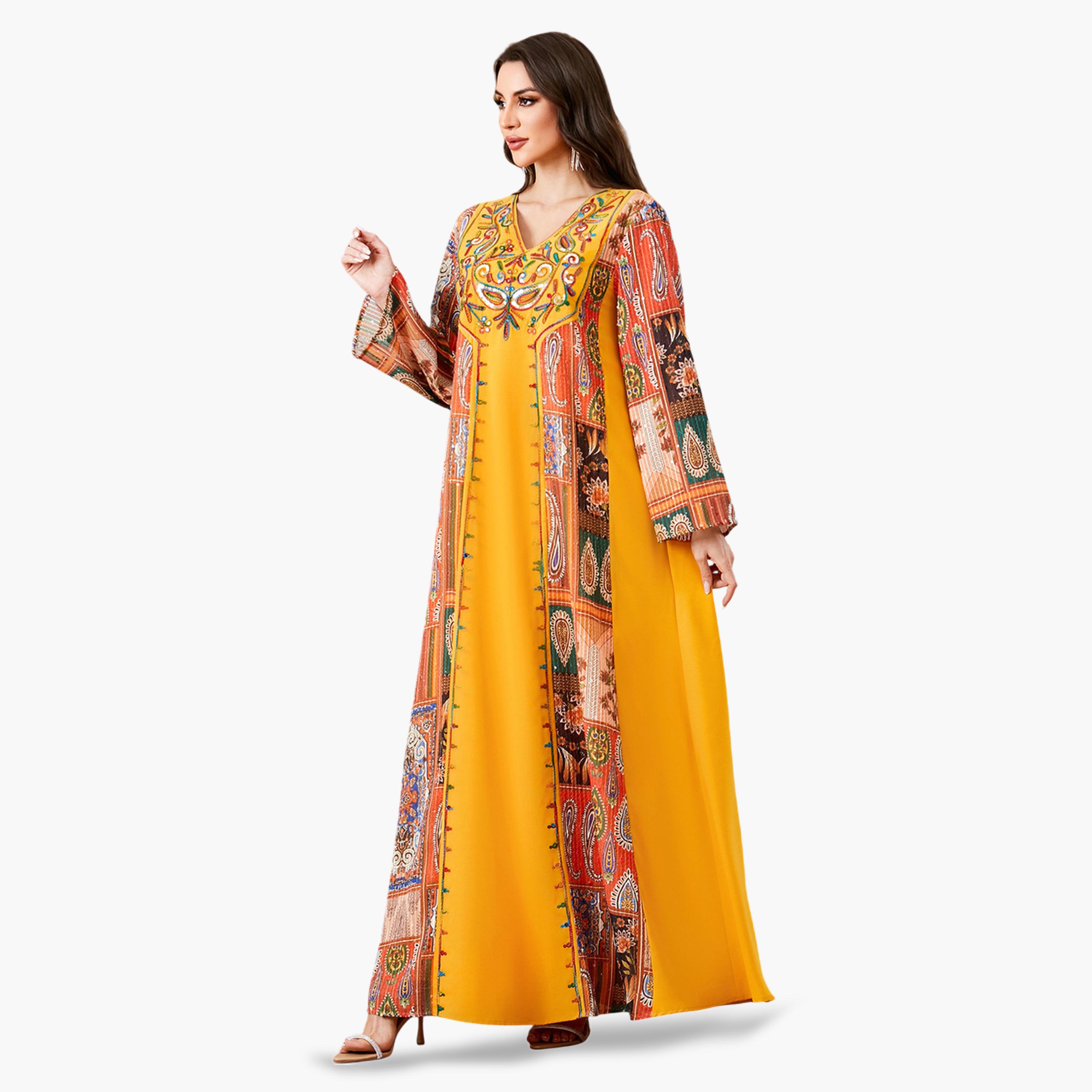 جلابية طويلة مطرزة لون أصفر-women-arabicclothing-jalabiyas-image-4