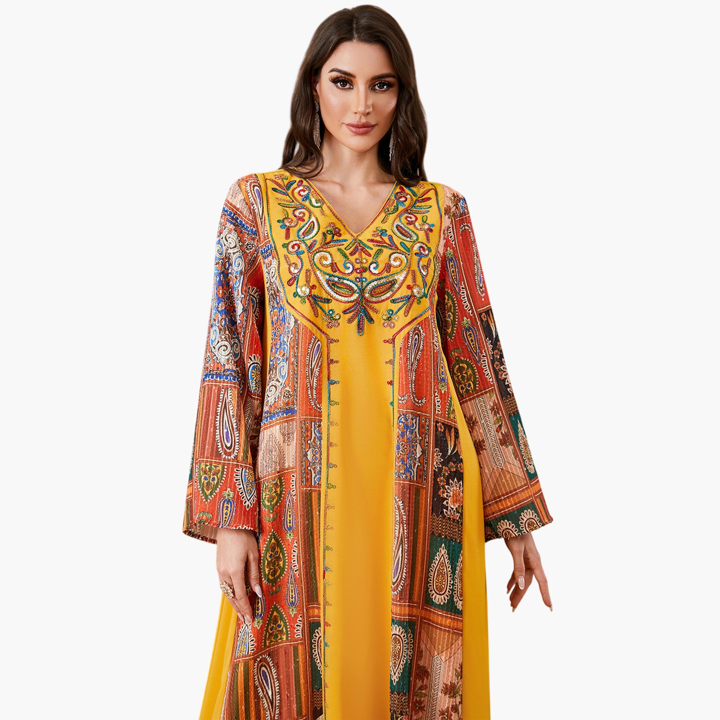 جلابية طويلة مطرزة لون أصفر-women-arabicclothing-jalabiyas-image-5