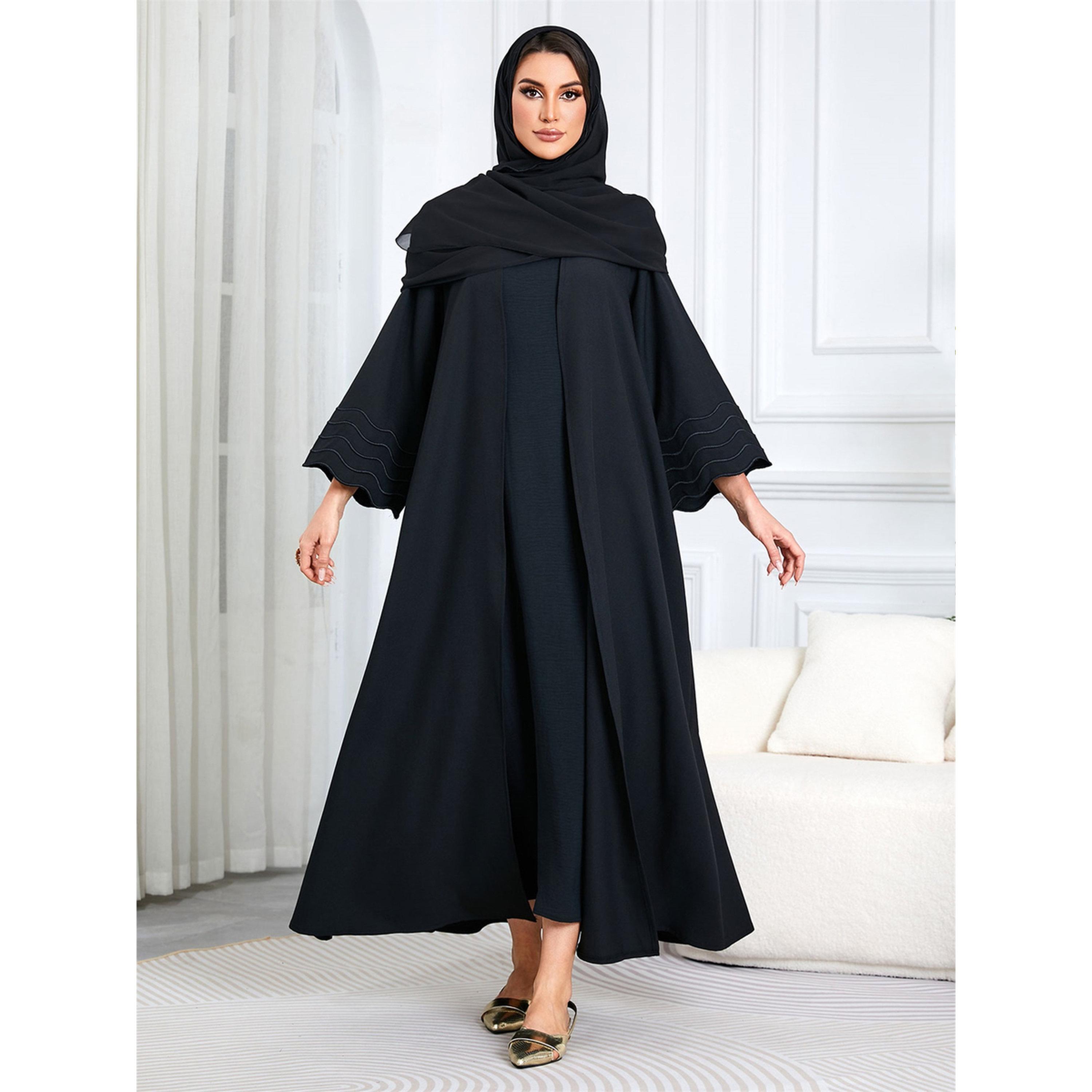 Take Two Black Solid Maxi Abaya with Scalloped Sleeves-women-arabicclothing-abayas-image-1