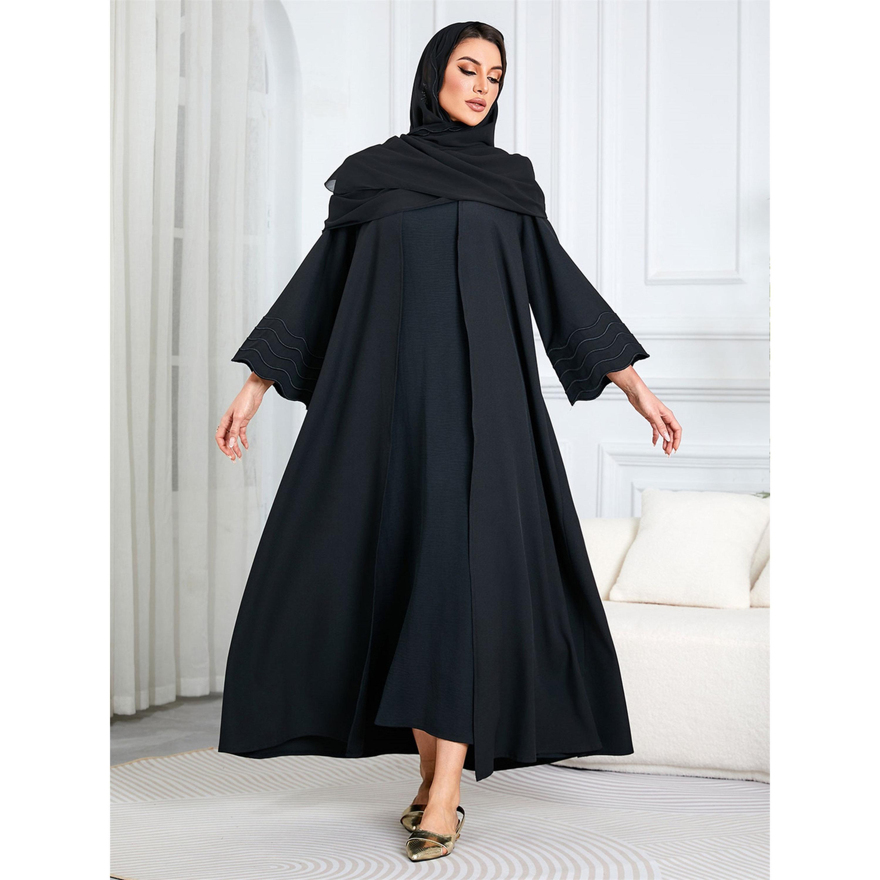 Take Two Black Solid Maxi Abaya with Scalloped Sleeves-women-arabicclothing-abayas-image-3