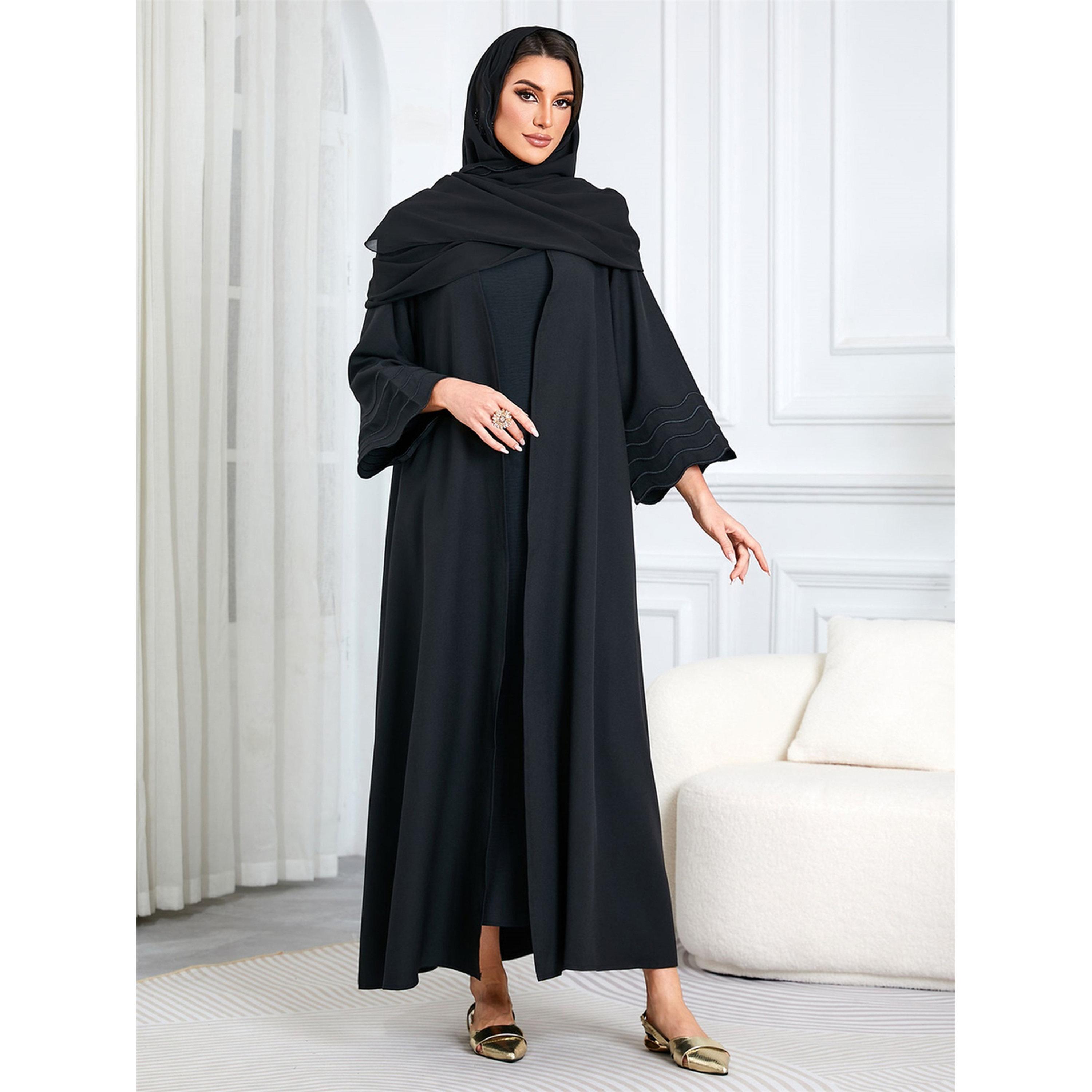 Take Two Black Solid Maxi Abaya with Scalloped Sleeves-women-arabicclothing-abayas-image-4