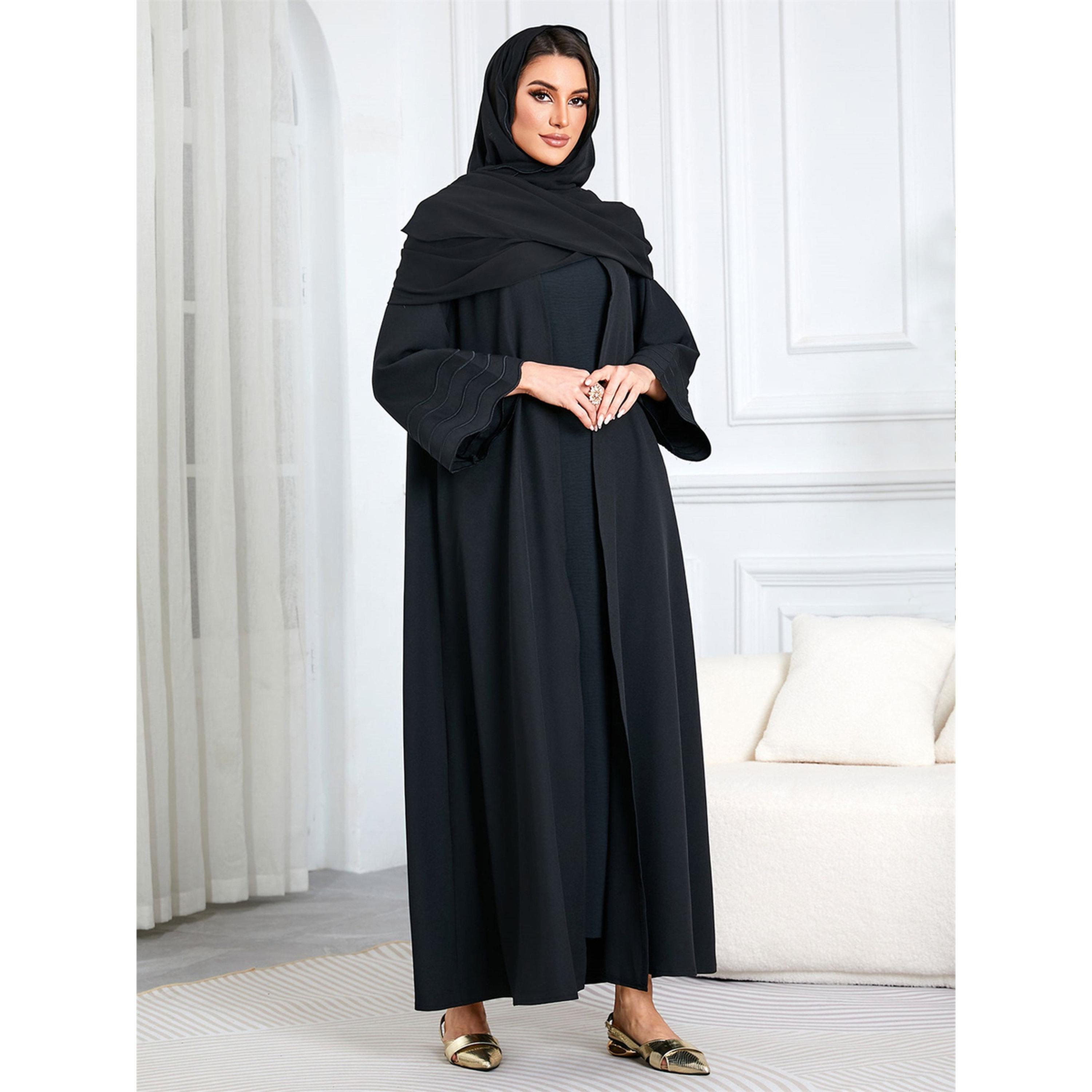 Take Two Black Solid Maxi Abaya with Scalloped Sleeves-women-arabicclothing-abayas-image-5