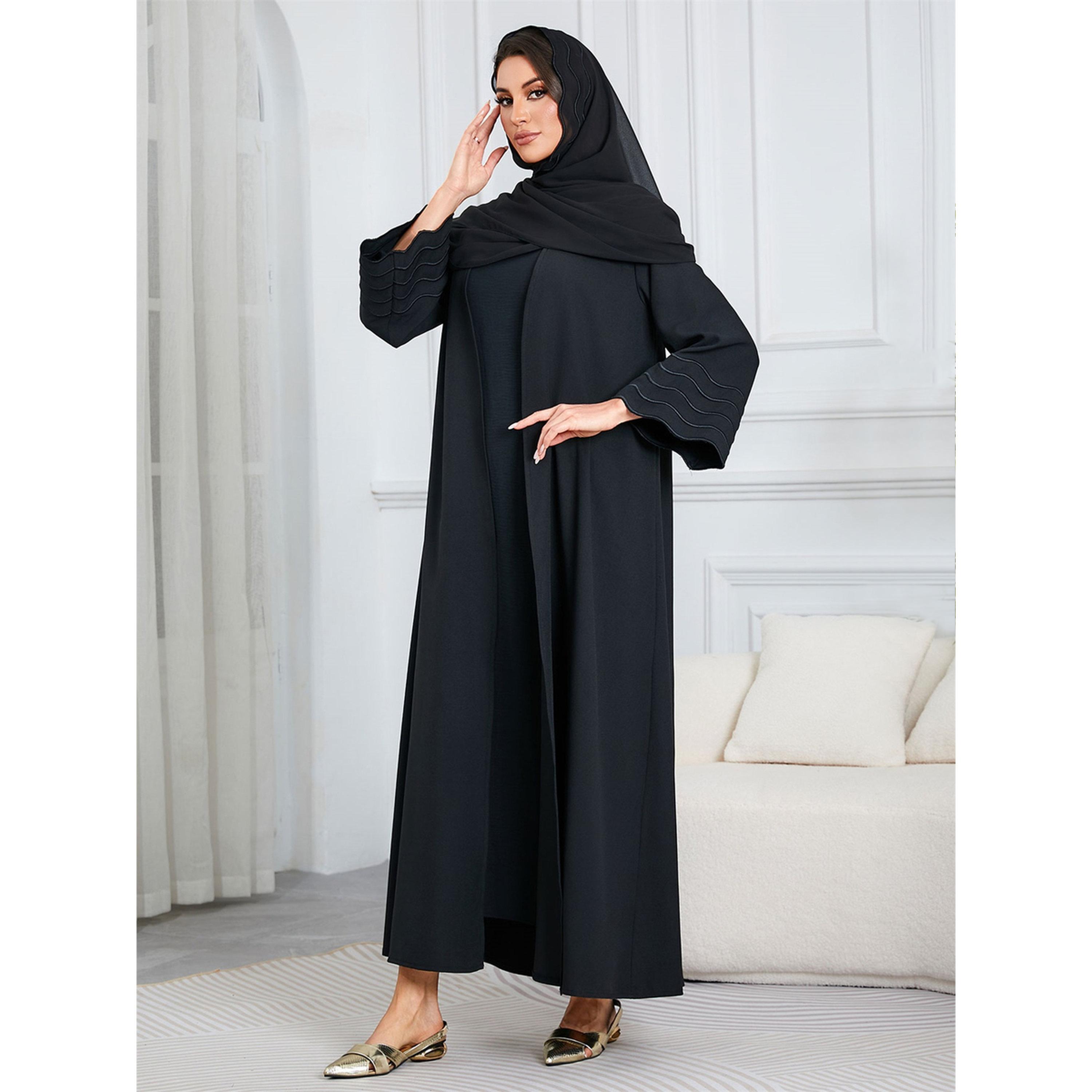 Take Two Black Solid Maxi Abaya with Scalloped Sleeves-women-arabicclothing-abayas-image-6