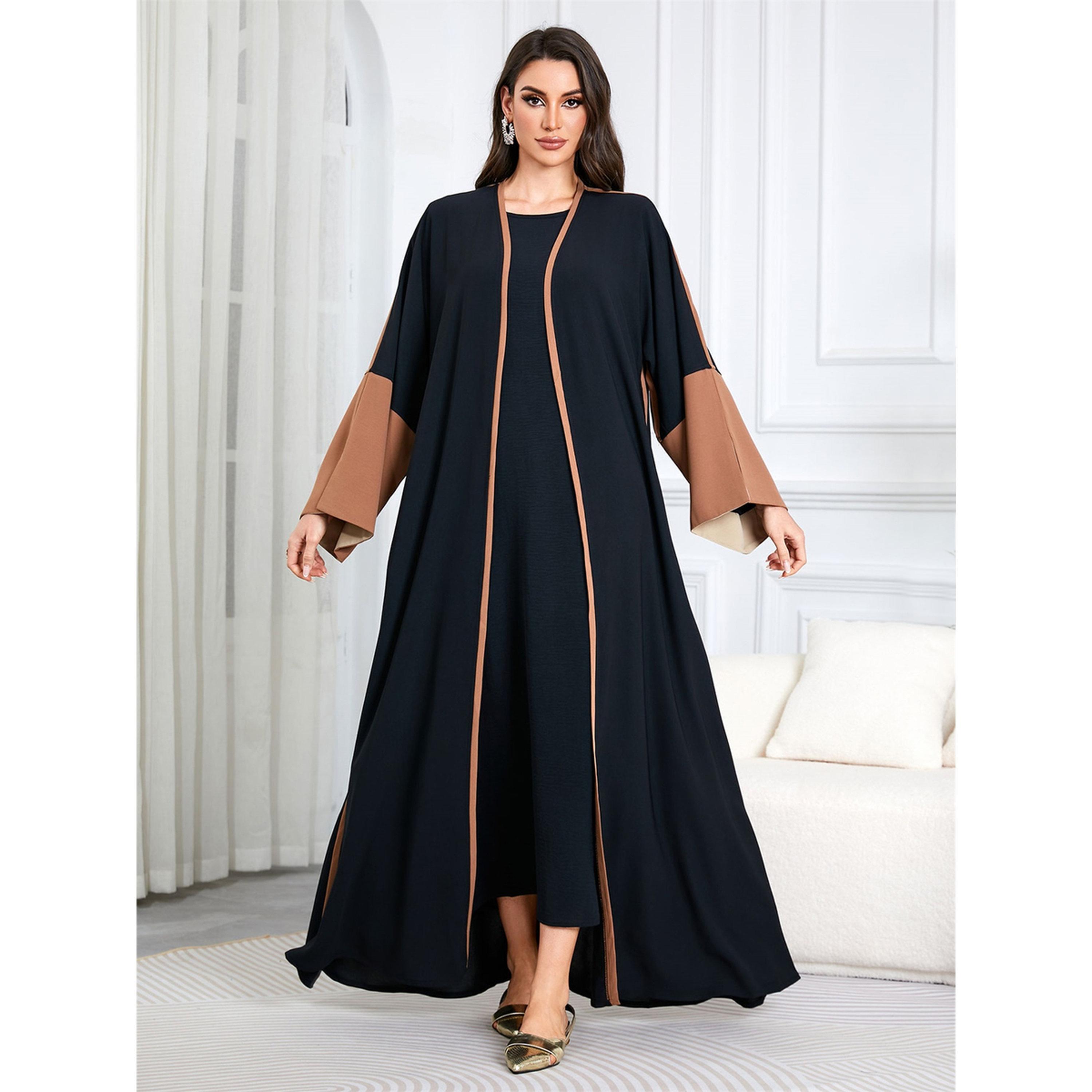 Take Two Black Contrast Trims Open Front Maxi Abaya-women-arabicclothing-abayas-image-1